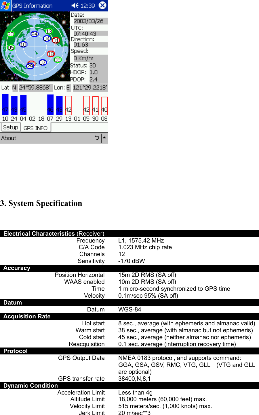        3. System Specification   Electrical Characteristics (Receiver)    Frequency    L1, 1575.42 MHz C/A Code    1.023 MHz chip rate Channels    12 Sensitivity  -170 dBW Accuracy     Position Horizontal      15m 2D RMS (SA off) WAAS enabled    10m 2D RMS (SA off) Time    1 micro-second synchronized to GPS time Velocity    0.1m/sec 95% (SA off)   Datum     Datum  WGS-84 Acquisition Rate     Hot start    8 sec., average (with ephemeris and almanac valid) Warm start    38 sec., average (with almanac but not ephemeris) Cold start    45 sec., average (neither almanac nor ephemeris) Reacquisition    0.1 sec. average (interruption recovery time) Protocol     GPS Output Data    NMEA 0183 protocol, and supports command: GGA, GSA, GSV, RMC, VTG, GLL    (VTG and GLL are optional) GPS transfer rate    38400,N,8,1 Dynamic Condition     Acceleration Limit    Less than 4g Altitude Limit    18,000 meters (60,000 feet) max. Velocity Limit    515 meters/sec. (1,000 knots) max. Jerk Limit    20 m/sec**3 