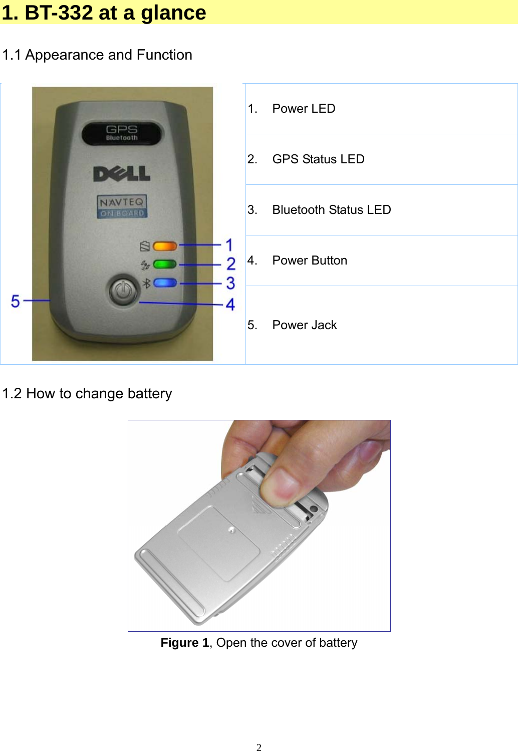  2 1. BT-332 at a glance  1.1 Appearance and Function  1. Power LED 2.  GPS Status LED 3. Bluetooth Status LED 4. Power Button 5. Power Jack  1.2 How to change battery   Figure 1, Open the cover of battery  