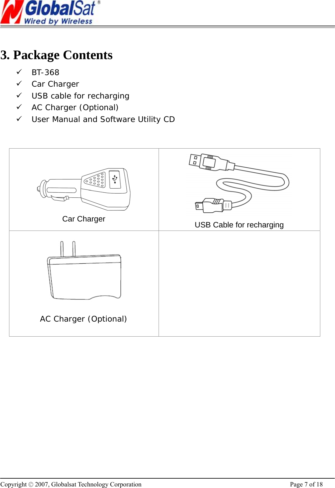                                                                      Copyright © 2007, Globalsat Technology Corporation  Page 7 of 18  3. Package Contents 9 BT-368  9 Car Charger  9 USB cable for recharging 9 AC Charger (Optional)  9 User Manual and Software Utility CD      Car Charger   USB Cable for recharging  AC Charger (Optional)      