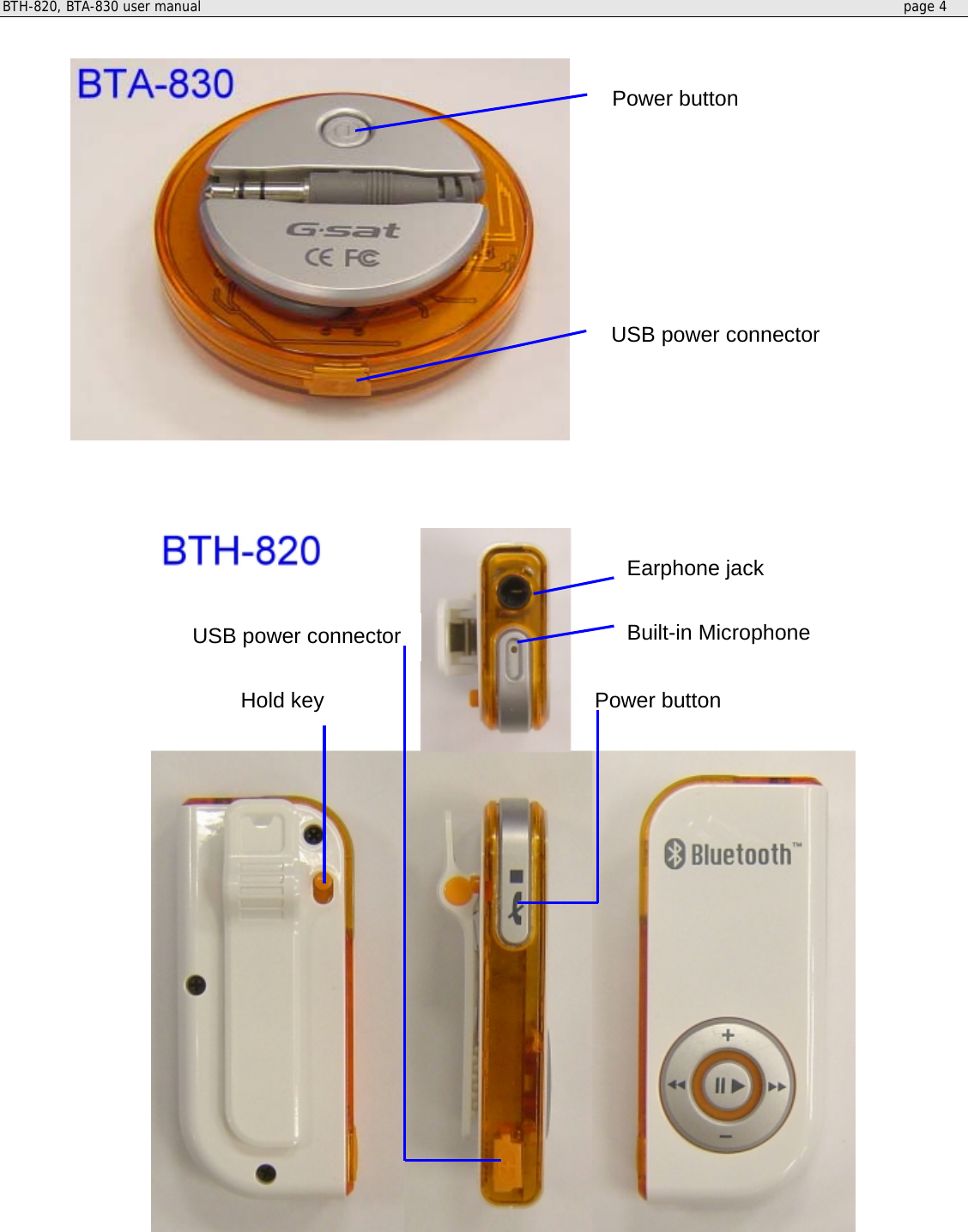 BTH-820, BTA-830 user manual     page 4        Power button USB power connector Earphone jack Built-in Microphone Hold key USB power connectorPower button 