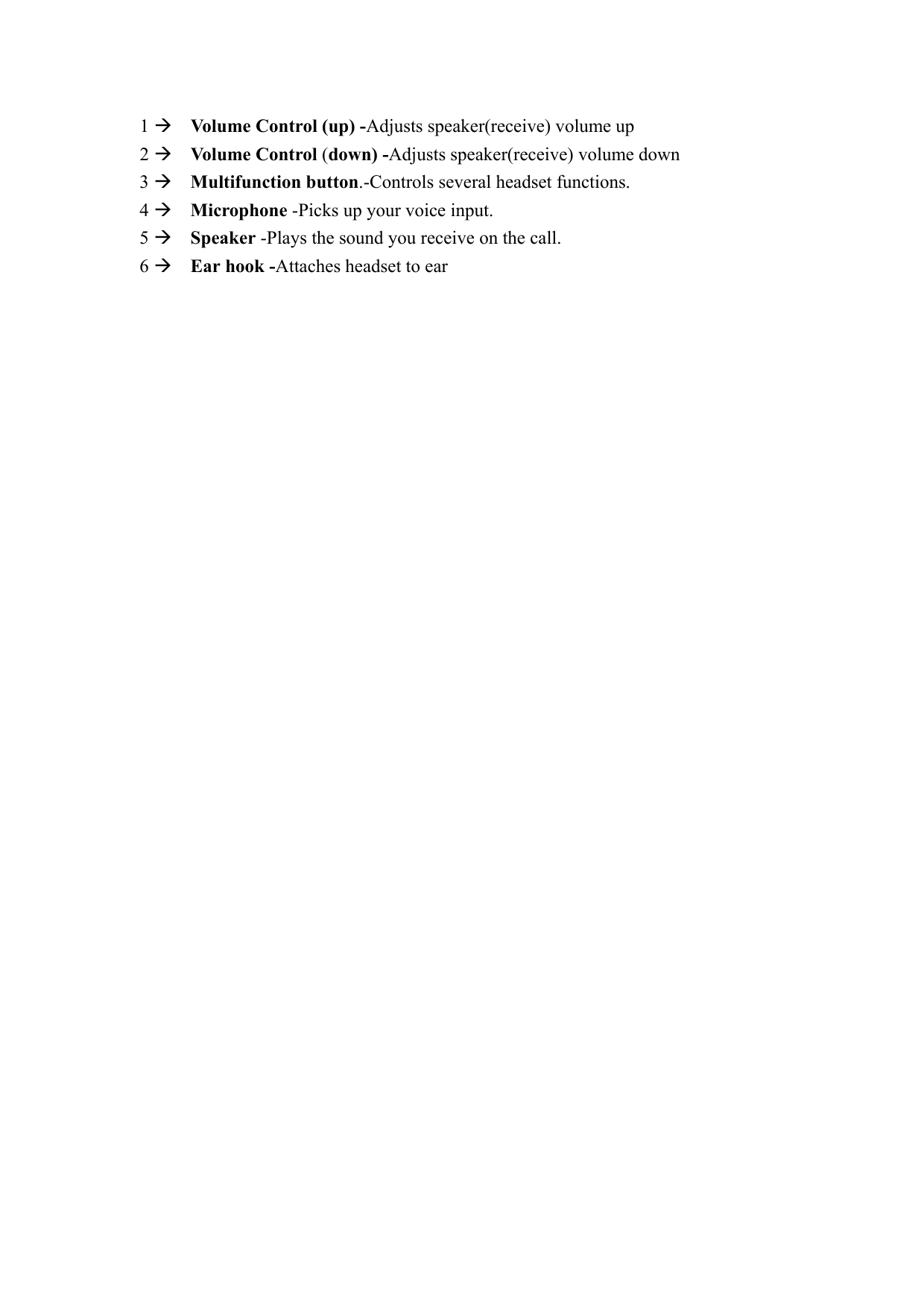 1 Æ  Volume Control (up) -Adjusts speaker(receive) volume up 2 Æ  Volume Control (down) -Adjusts speaker(receive) volume down 3 Æ  Multifunction button.-Controls several headset functions. 4 Æ  Microphone -Picks up your voice input. 5 Æ  Speaker -Plays the sound you receive on the call. 6 Æ  Ear hook -Attaches headset to ear                                 