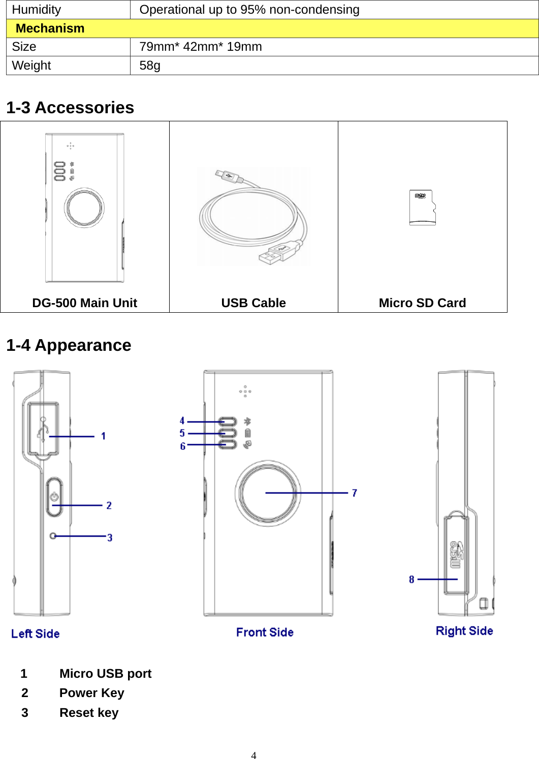  4Humidity  Operational up to 95% non-condensing Mechanism Size  79mm* 42mm* 19mm Weight 58g  1-3 Accessories  DG-500 Main Unit     USB Cable        Micro SD Card  1-4 Appearance  1  Micro USB port 2 Power Key 3 Reset key 