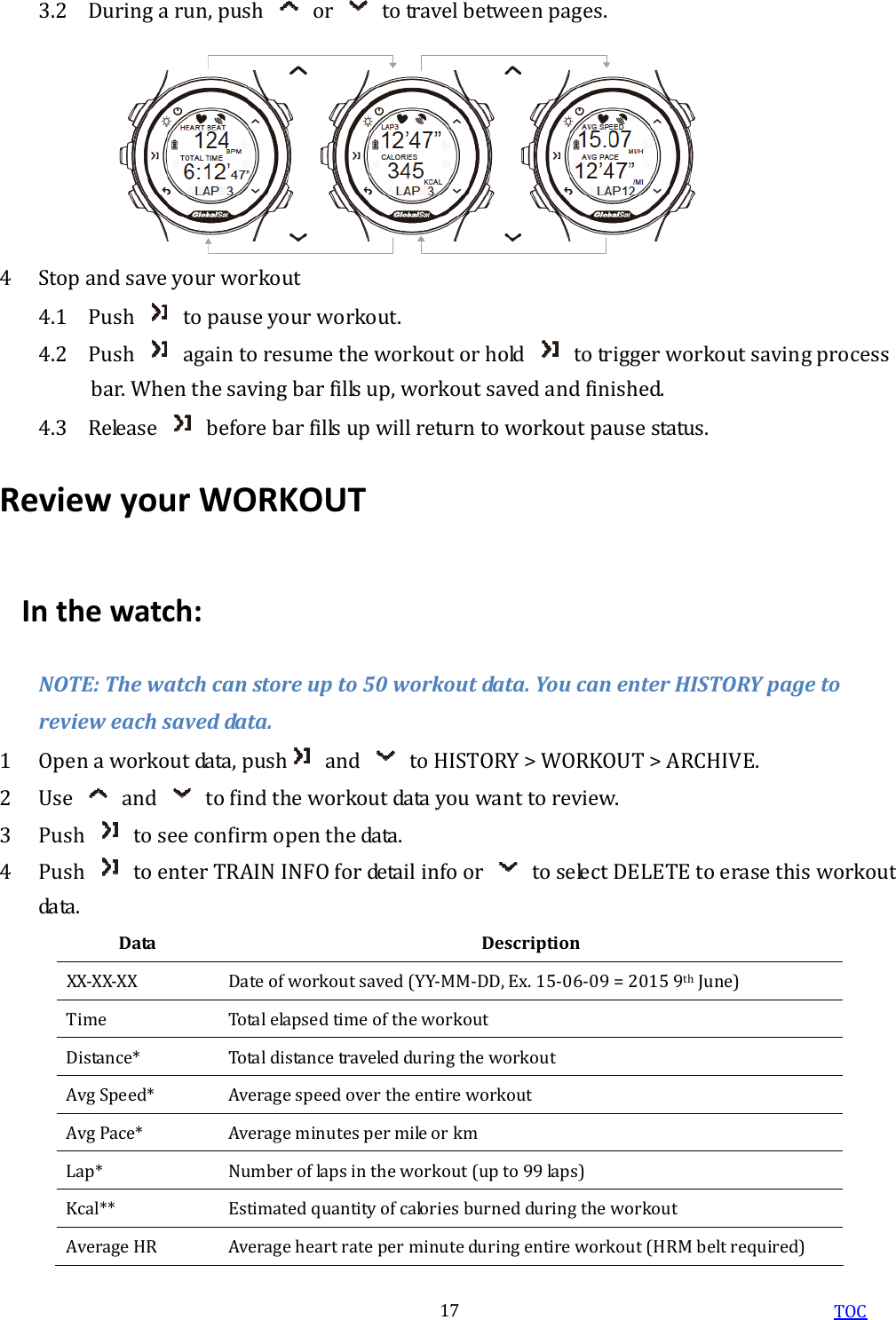  TOC 17 3.2 During a run, push    or    to travel between pages.   4 Stop and save your workout 4.1 Push    to pause your workout. 4.2 Push    again to resume the workout or hold    to trigger workout saving process bar. When the saving bar fills up, workout saved and finished. 4.3 Release    before bar fills up will return to workout pause status. Review your WORKOUT In the watch: NOTE: The watch can store up to 50 workout data. You can enter HISTORY page to review each saved data. 1 Open a workout data, push   and    to HISTORY &gt; WORKOUT &gt; ARCHIVE. 2 Use    and    to find the workout data you want to review. 3 Push    to see confirm open the data. 4 Push    to enter TRAIN INFO for detail info or    to select DELETE to erase this workout data. Data  Description XX-XX-XX  Date of workout saved (YY-MM-DD, Ex. 15-06-09 = 2015 9th June) Time  Total elapsed time of the workout Distance*  Total distance traveled during the workout Avg Speed*  Average speed over the entire workout Avg Pace*  Average minutes per mile or km Lap*  Number of laps in the workout (up to 99 laps) Kcal**  Estimated quantity of calories burned during the workout Average HR  Average heart rate per minute during entire workout (HRM belt required) 
