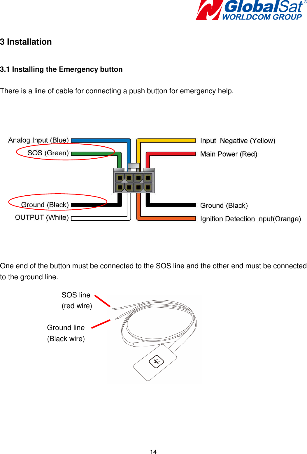   14 3 Installation  3.1 Installing the Emergency button  There is a line of cable for connecting a push button for emergency help.    One end of the button must be connected to the SOS line and the other end must be connected to the ground line.              SOS line (red wire) Ground line (Black wire) 