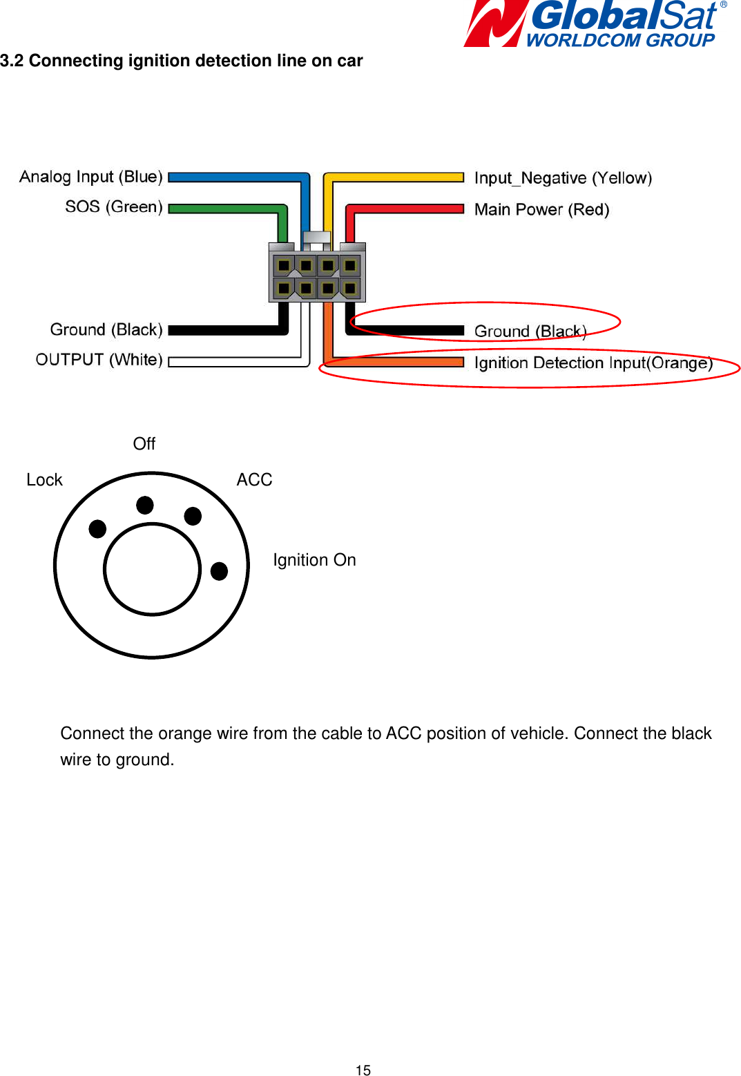   153.2 Connecting ignition detection line on car              Connect the orange wire from the cable to ACC position of vehicle. Connect the black wire to ground.            Ignition On ACC Off Lock 