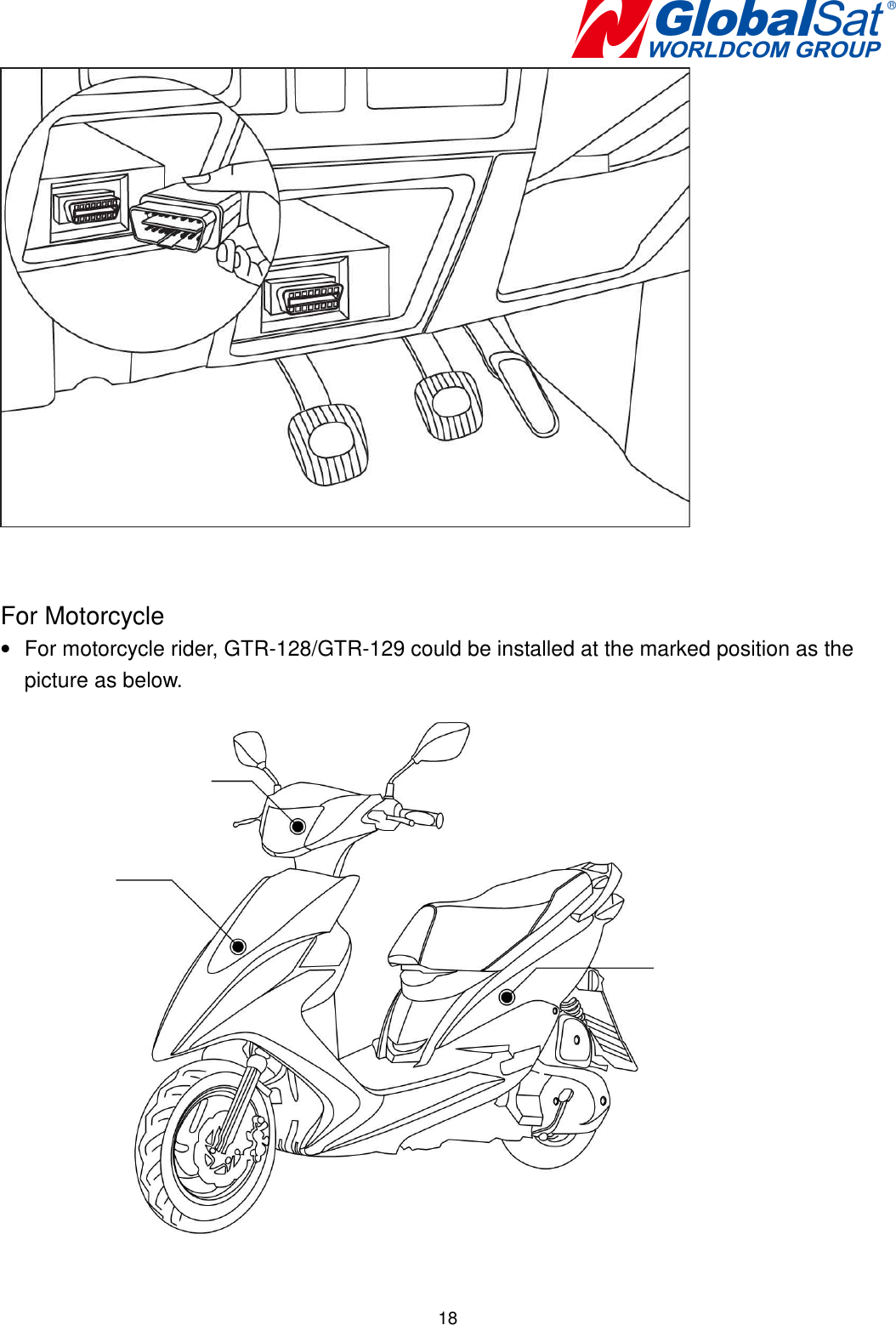   18   For Motorcycle •  For motorcycle rider, GTR-128/GTR-129 could be installed at the marked position as the picture as below.  