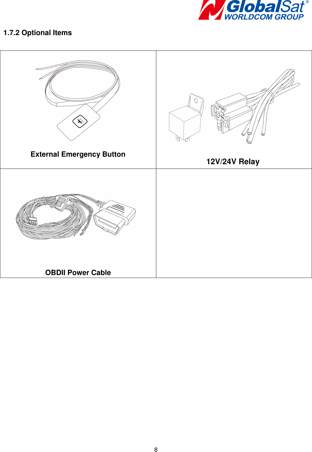   8 1.7.2 Optional Items   External Emergency Button                           12V/24V Relay    OBDII Power Cable    