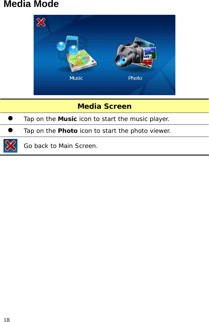  18Media Mode  Media Screen z Tap on the Music icon to start the music player. z Tap on the Photo icon to start the photo viewer.  Go back to Main Screen.   