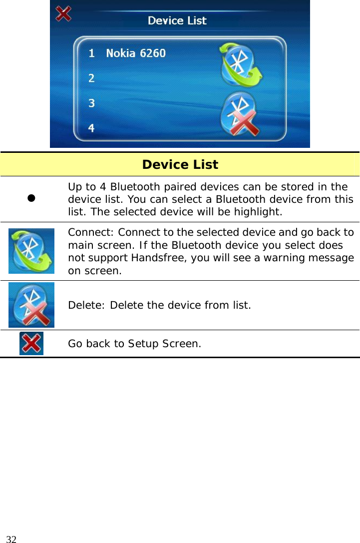  32  Device List z Up to 4 Bluetooth paired devices can be stored in the device list. You can select a Bluetooth device from this list. The selected device will be highlight.  Connect: Connect to the selected device and go back to main screen. If the Bluetooth device you select does not support Handsfree, you will see a warning message on screen. Delete: Delete the device from list.  Go back to Setup Screen.  