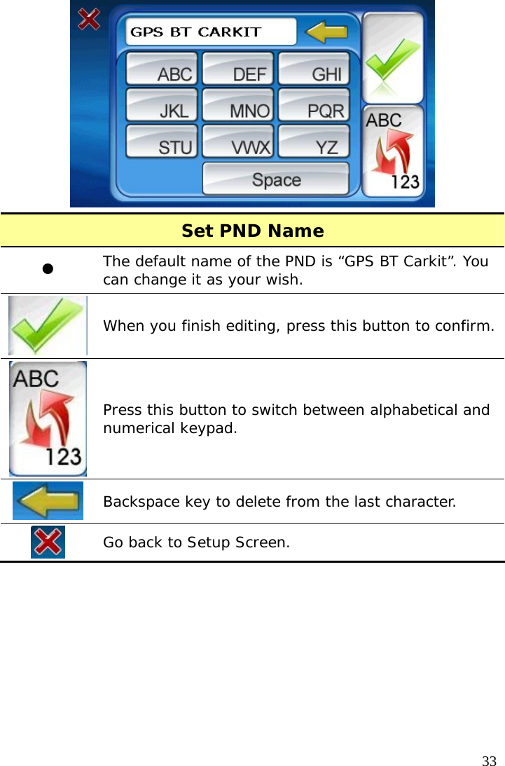  33  Set PND Name z The default name of the PND is “GPS BT Carkit”. You can change it as your wish. When you finish editing, press this button to confirm. Press this button to switch between alphabetical and numerical keypad. Backspace key to delete from the last character.  Go back to Setup Screen.  