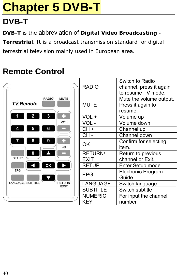  40Chapter 5 DVB-T DVB-T DVB-T is the abbreviation of Digital Video Broadcasting - Terrestrial. It is a broadcast transmission standard for digital terrestrial television mainly used in European area.  Remote Control RADIO Switch to Radio channel, press it again to resume TV mode. MUTE Mute the volume output. Press it again to resume. VOL +  Volume up VOL -  Volume down CH +  Channel up CH -  Channel down OK  Confirm for selecting item. RETURN/ EXIT Return to previous channel or Exit. SETUP Enter Setup mode. EPG  Electronic Program Guide LANGUAGE Switch language SUBTITLE Switch subtitle NUMERIC KEY For input the channel number  