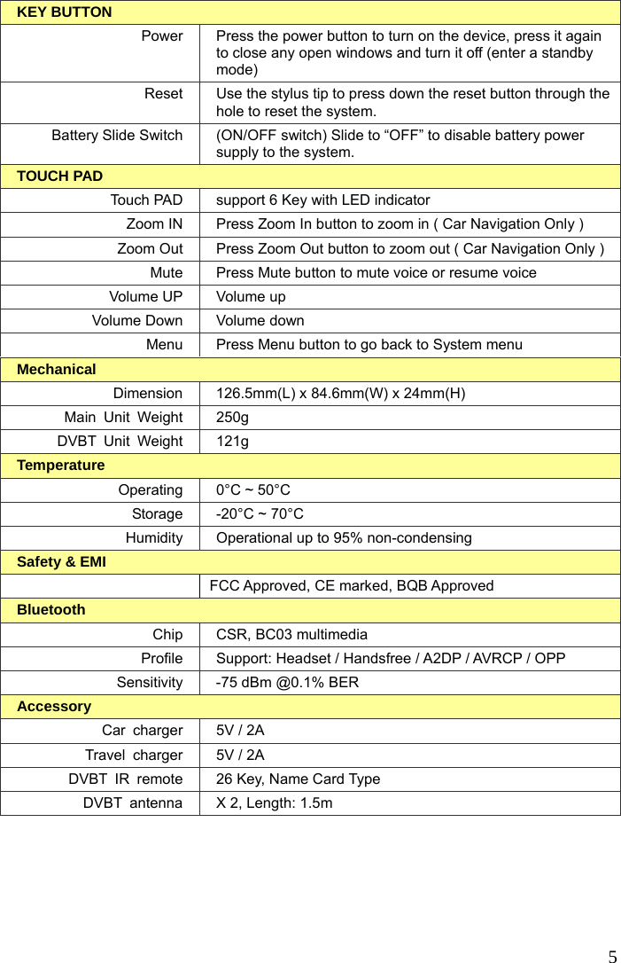  5  KEY BUTTON Power  Press the power button to turn on the device, press it again to close any open windows and turn it off (enter a standby mode) Reset  Use the stylus tip to press down the reset button through the hole to reset the system. Battery Slide Switch  (ON/OFF switch) Slide to “OFF” to disable battery power supply to the system. TOUCH PAD Touch PAD  support 6 Key with LED indicator Zoom IN  Press Zoom In button to zoom in ( Car Navigation Only ) Zoom Out  Press Zoom Out button to zoom out ( Car Navigation Only ) Mute  Press Mute button to mute voice or resume voice Volume UP  Volume up Volume Down  Volume down Menu  Press Menu button to go back to System menu Mechanical Dimension  126.5mm(L) x 84.6mm(W) x 24mm(H) Main Unit Weight  250g DVBT Unit Weight  121g Temperature Operating  0°C ~ 50°C Storage  -20°C ~ 70°C Humidity Operational up to 95% non-condensing Safety &amp; EMI  FCC Approved, CE marked, BQB Approved Bluetooth Chip  CSR, BC03 multimedia Profile  Support: Headset / Handsfree / A2DP / AVRCP / OPP Sensitivity  -75 dBm @0.1% BER Accessory Car  charger  5V / 2A Travel  charger  5V / 2A DVBT IR remote  26 Key, Name Card Type DVBT  antenna  X 2, Length: 1.5m  