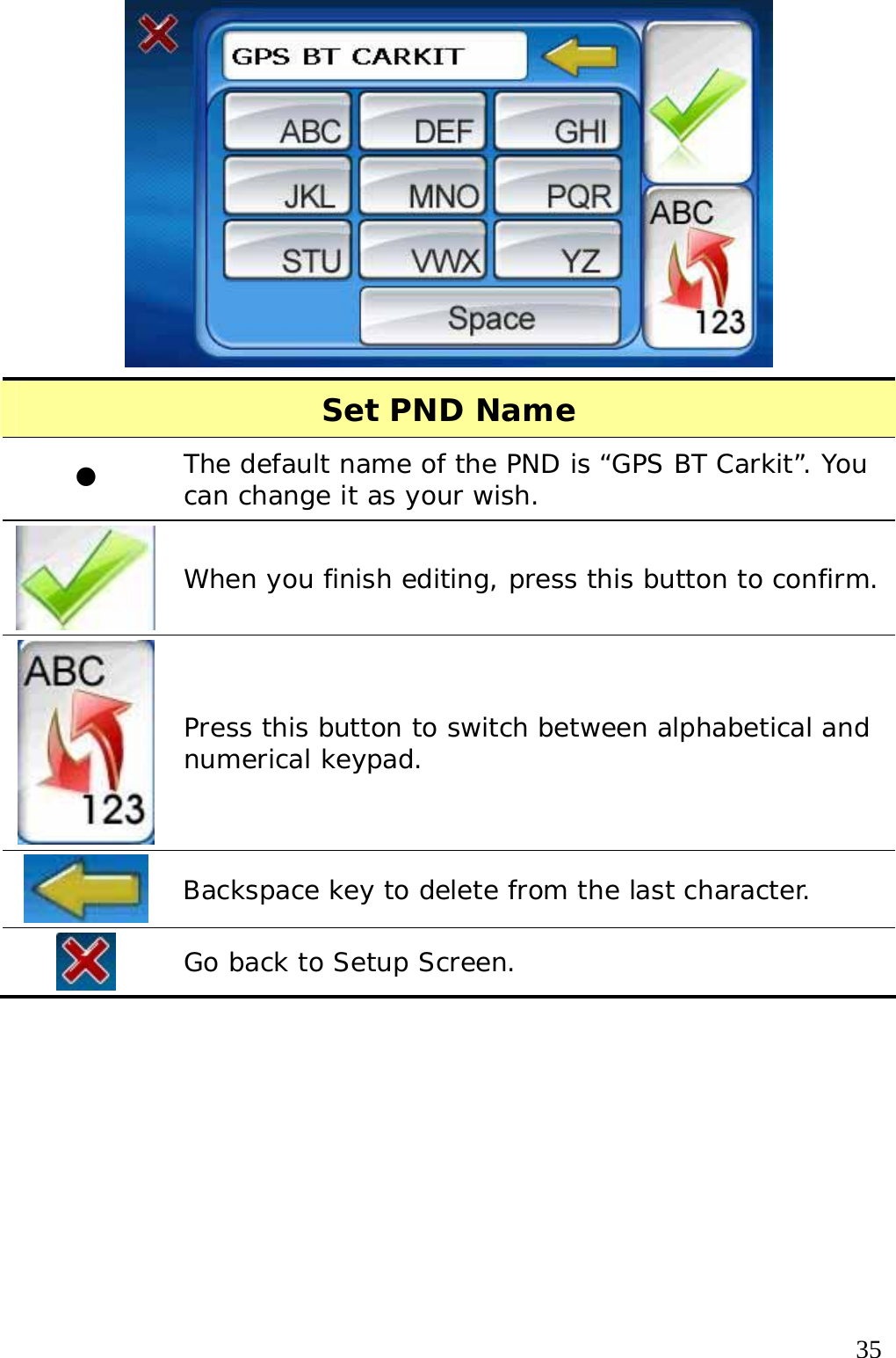  35  Set PND Name z The default name of the PND is “GPS BT Carkit”. You can change it as your wish.  When you finish editing, press this button to confirm.  Press this button to switch between alphabetical and numerical keypad.  Backspace key to delete from the last character.  Go back to Setup Screen.  