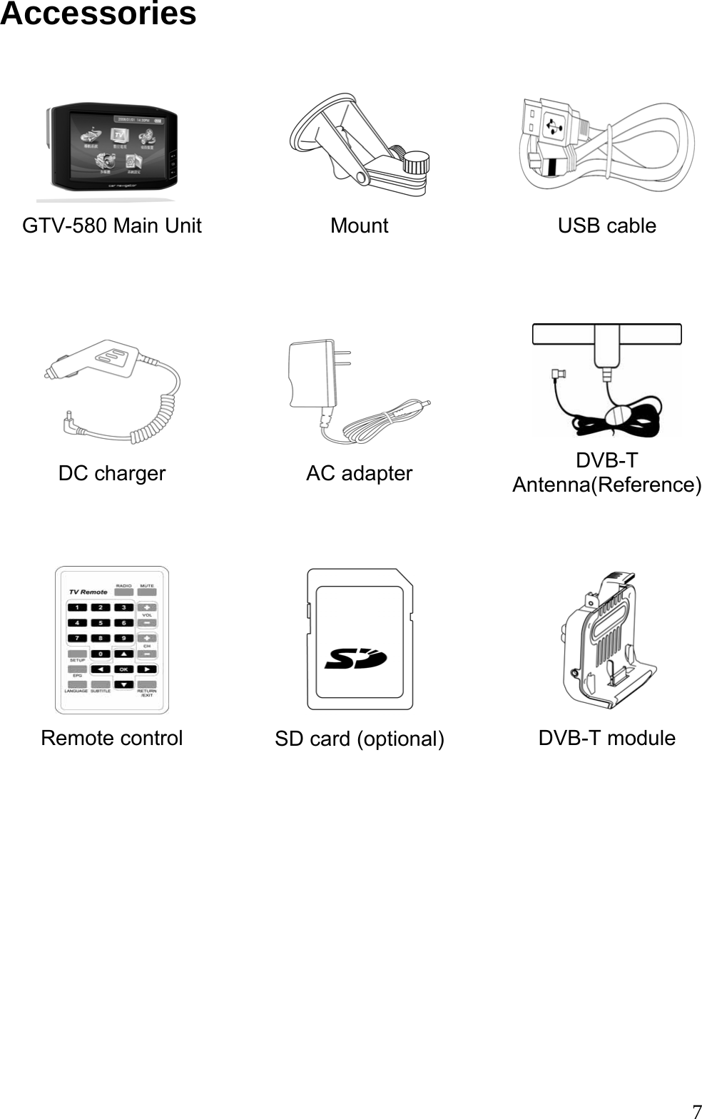  7Accessories  GTV-580 Main Unit  Mount  USB cable  DC charger  AC adapter  DVB-T Antenna(Reference)  Remote control  SD card (optional)  DVB-T module 