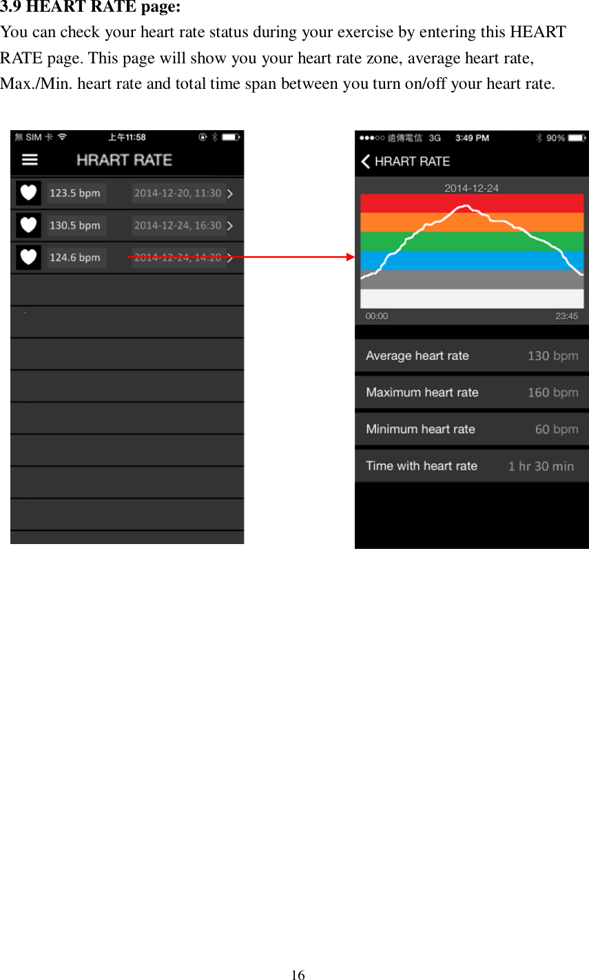 16   3.9 HEART RATE page: You can check your heart rate status during your exercise by entering this HEART RATE page. This page will show you your heart rate zone, average heart rate, Max./Min. heart rate and total time span between you turn on/off your heart rate.                                  