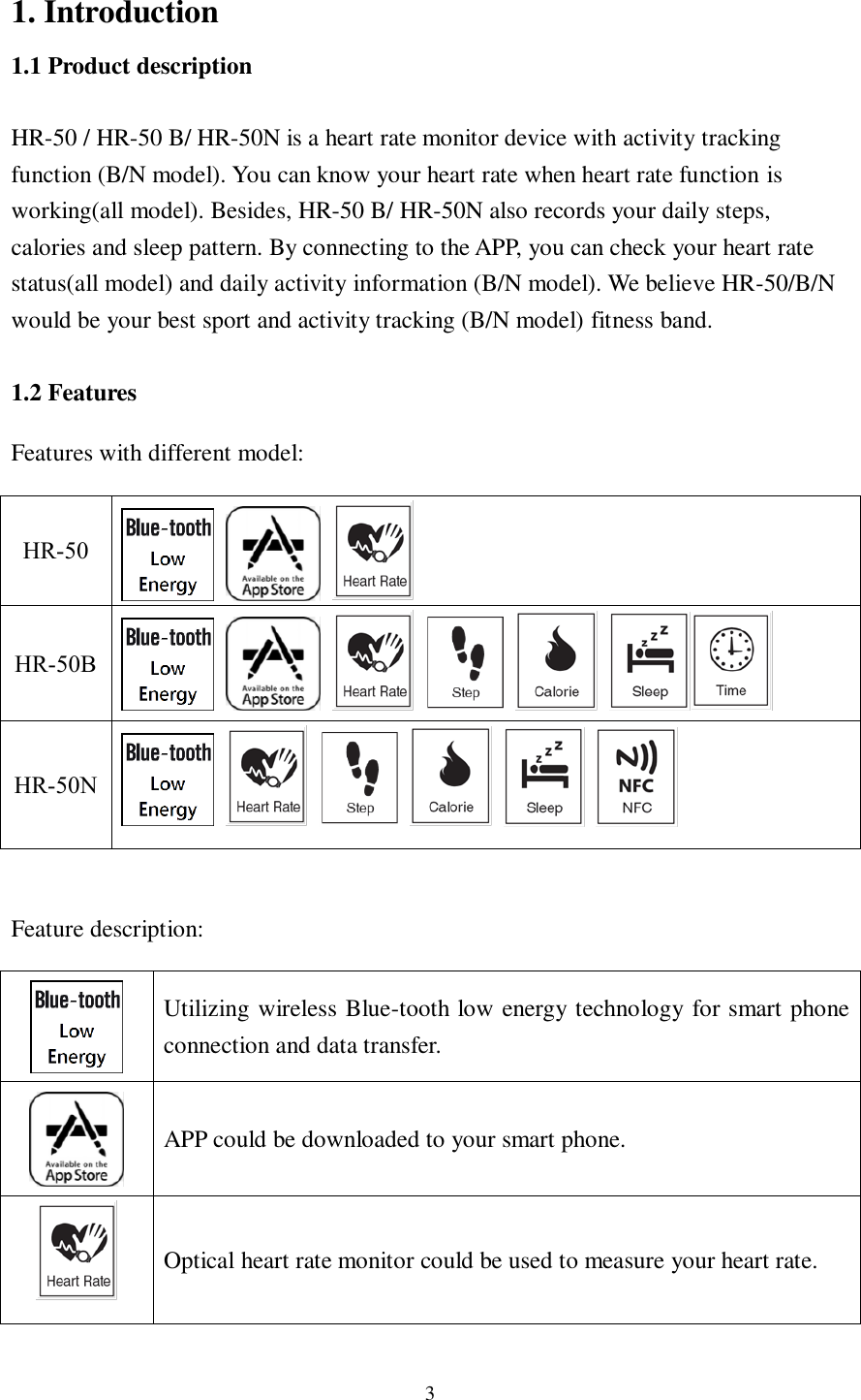 3  1. Introduction 1.1 Product description  HR-50 / HR-50 B/ HR-50N is a heart rate monitor device with activity tracking function (B/N model). You can know your heart rate when heart rate function is working(all model). Besides, HR-50 B/ HR-50N also records your daily steps, calories and sleep pattern. By connecting to the APP, you can check your heart rate status(all model) and daily activity information (B/N model). We believe HR-50/B/N would be your best sport and activity tracking (B/N model) fitness band.  1.2 Features Features with different model: HR-50      HR-50B            HR-50N            Feature description:  Utilizing wireless Blue-tooth low energy technology for smart phone connection and data transfer.  APP could be downloaded to your smart phone.  Optical heart rate monitor could be used to measure your heart rate. 