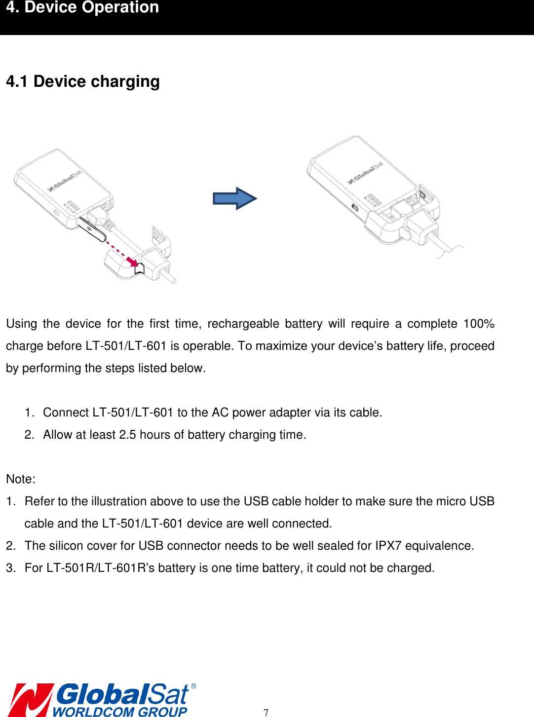       7 4. Device Operation  4.1 Device charging   Using  the  device  for  the  first  time,  rechargeable  battery  will  require  a  complete  100% charge before LT-501/LT-601 is operable. To maximize your device’s battery life, proceed by performing the steps listed below.  1.  Connect LT-501/LT-601 to the AC power adapter via its cable.   2.  Allow at least 2.5 hours of battery charging time.  Note:   1.  Refer to the illustration above to use the USB cable holder to make sure the micro USB cable and the LT-501/LT-601 device are well connected. 2.  The silicon cover for USB connector needs to be well sealed for IPX7 equivalence. 3.  For LT-501R/LT-601R’s battery is one time battery, it could not be charged.     