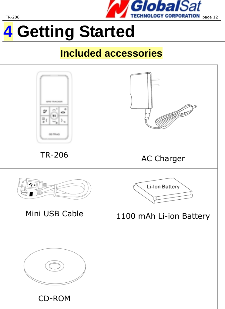 TR-206 page 12  4 Getting Started Included accessories  TR-206   AC Charger   Mini USB Cable  1100 mAh Li-ion Battery   CD-ROM     