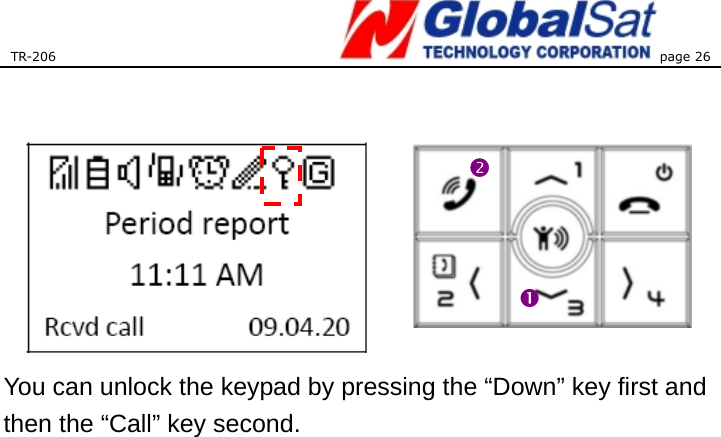 TR-206 page 26      You can unlock the keypad by pressing the “Down” key first and then the “Call” key second.    o n 