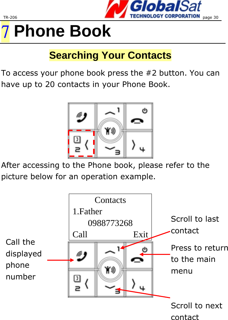 TR-206 page 30  7 Phone Book Searching Your Contacts To access your phone book press the #2 button. You can have up to 20 contacts in your Phone Book.   After accessing to the Phone book, please refer to the picture below for an operation example.    Contacts 1.Father 0988773268 Call Exit   Call the displayed phone number Press to return to the main menu Scroll to next contact Scroll to last contact 