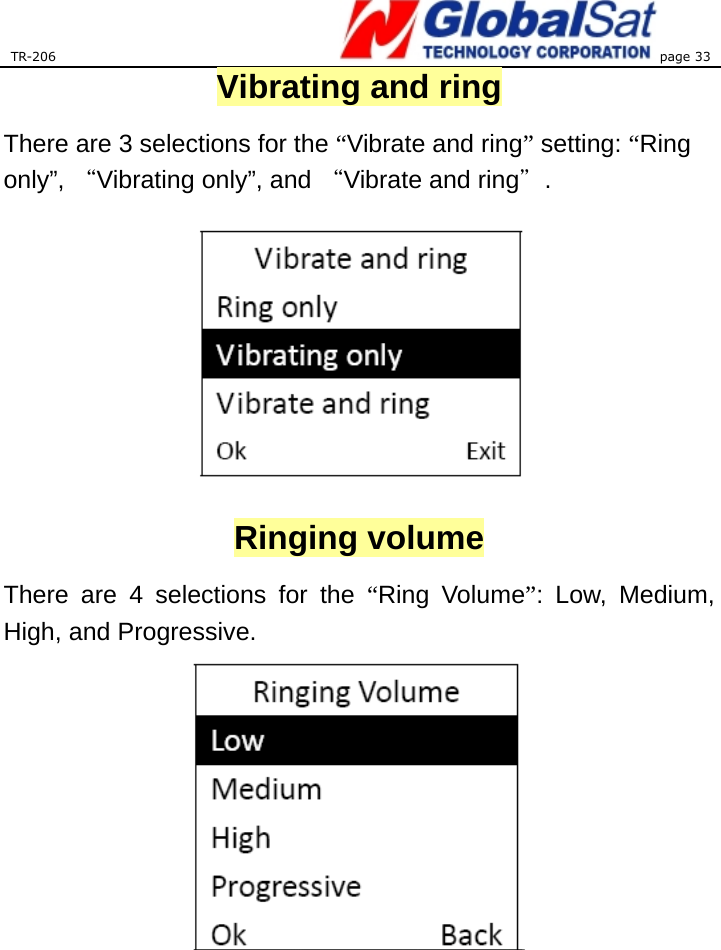 TR-206 page 33  Vibrating and ring There are 3 selections for the “Vibrate and ring” setting: “Ring only”, “Vibrating only”, and “Vibrate and ring＂.  Ringing volume There are 4 selections for the “Ring Volume”: Low, Medium, High, and Progressive.  