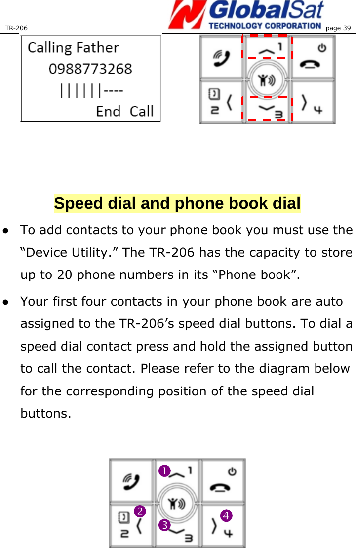 TR-206 page 39          Speed dial and phone book dial ●  To add contacts to your phone book you must use the “Device Utility.” The TR-206 has the capacity to store up to 20 phone numbers in its “Phone book”. ●  Your first four contacts in your phone book are auto assigned to the TR-206’s speed dial buttons. To dial a speed dial contact press and hold the assigned button to call the contact. Please refer to the diagram below for the corresponding position of the speed dial buttons.    opqn