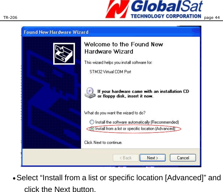 TR-206 page 44   • Select “Install from a list or specific location [Advanced]” and click the Next button. 