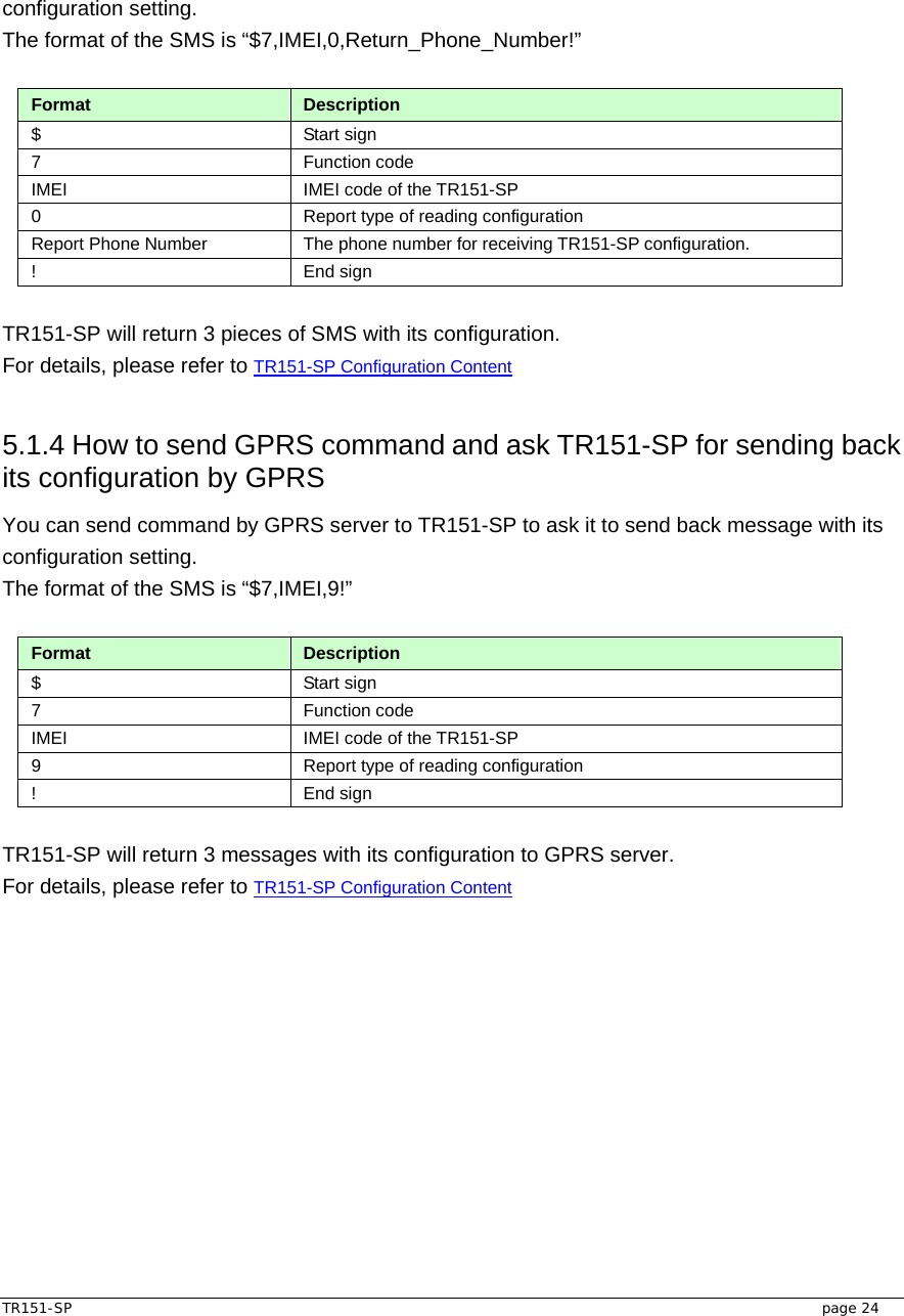  TR151-SP   page 24 configuration setting.   The format of the SMS is “$7,IMEI,0,Return_Phone_Number!”  Format  Description $ Start sign  7 Function code  IMEI  IMEI code of the TR151-SP 0  Report type of reading configuration Report Phone Number  The phone number for receiving TR151-SP configuration. ! End sign  TR151-SP will return 3 pieces of SMS with its configuration.   For details, please refer to TR151-SP Configuration Content  5.1.4 How to send GPRS command and ask TR151-SP for sending back its configuration by GPRS   You can send command by GPRS server to TR151-SP to ask it to send back message with its configuration setting.   The format of the SMS is “$7,IMEI,9!”  Format  Description $ Start sign  7 Function code  IMEI  IMEI code of the TR151-SP 9  Report type of reading configuration ! End sign  TR151-SP will return 3 messages with its configuration to GPRS server.   For details, please refer to TR151-SP Configuration Content 