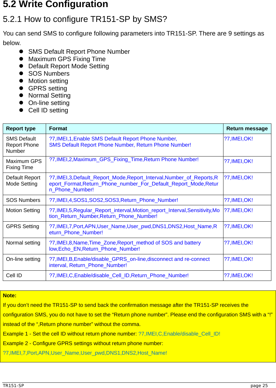  TR151-SP   page 25  5.2 Write Configuration 5.2.1 How to configure TR151-SP by SMS?   You can send SMS to configure following parameters into TR151-SP. There are 9 settings as below. z  SMS Default Report Phone Number z Maximum GPS Fixing Time z  Default Report Mode Setting z SOS Numbers z Motion setting z GPRS setting z Normal Setting z On-line setting z Cell ID setting  Report type  Format  Return message SMS Default Report Phone Number ?7,IMEI,1,Enable SMS Default Report Phone Number, SMS Default Report Phone Number, Return Phone Number!  ?7,IMEI,OK! Maximum GPS Fixing Time ?7,IMEI,2,Maximum_GPS_Fixing_Time,Return Phone Number!  ?7,IMEI,OK! Default Report Mode Setting  ?7,IMEI,3,Default_Report_Mode,Report_Interval,Number_of_Reports,Report_Format,Return_Phone_number_For_Default_Report_Mode,Return_Phone_Number! ?7,IMEI,OK! SOS Numbers  ?7,IMEI,4,SOS1,SOS2,SOS3,Return_Phone_Number! ?7,IMEI,OK! Motion Setting  ?7,IMEI,5,Regular_Report_interval,Motion_report_Interval,Sensitivity,Motion_Return_Number,Return_Phone_Number!  ?7,IMEI,OK! GPRS Setting  ?7,IMEI,7,Port,APN,User_Name,User_pwd,DNS1,DNS2,Host_Name,Return_Phone_Number!  ?7,IMEI,OK! Normal setting  ?7,IMEI,8,Name,Time_Zone,Report_method of SOS and battery low,Echo_EN,Return_Phone_Number!  ?7,IMEI,OK! On-line setting    ?7,IMEI,B,Enable/disable_GPRS_on-line,disconnect and re-connect interval, Return_Phone_Number!  ?7,IMEI,OK! Cell ID  ?7,IMEI,C,Enable/disable_Cell_ID,Return_Phone_Number! ?7,IMEI,OK!  Note: If you don’t need the TR151-SP to send back the confirmation message after the TR151-SP receives the configuration SMS, you do not have to set the “Return phone number”. Please end the configuration SMS with a “!” instead of the “,Return phone number” without the comma.   Example 1 - Set the cell ID without return phone number: ?7,IMEI,C,Enable/disable_Cell_ID! Example 2 - Configure GPRS settings without return phone number:   ?7,IMEI,7,Port,APN,User_Name,User_pwd,DNS1,DNS2,Host_Name!  