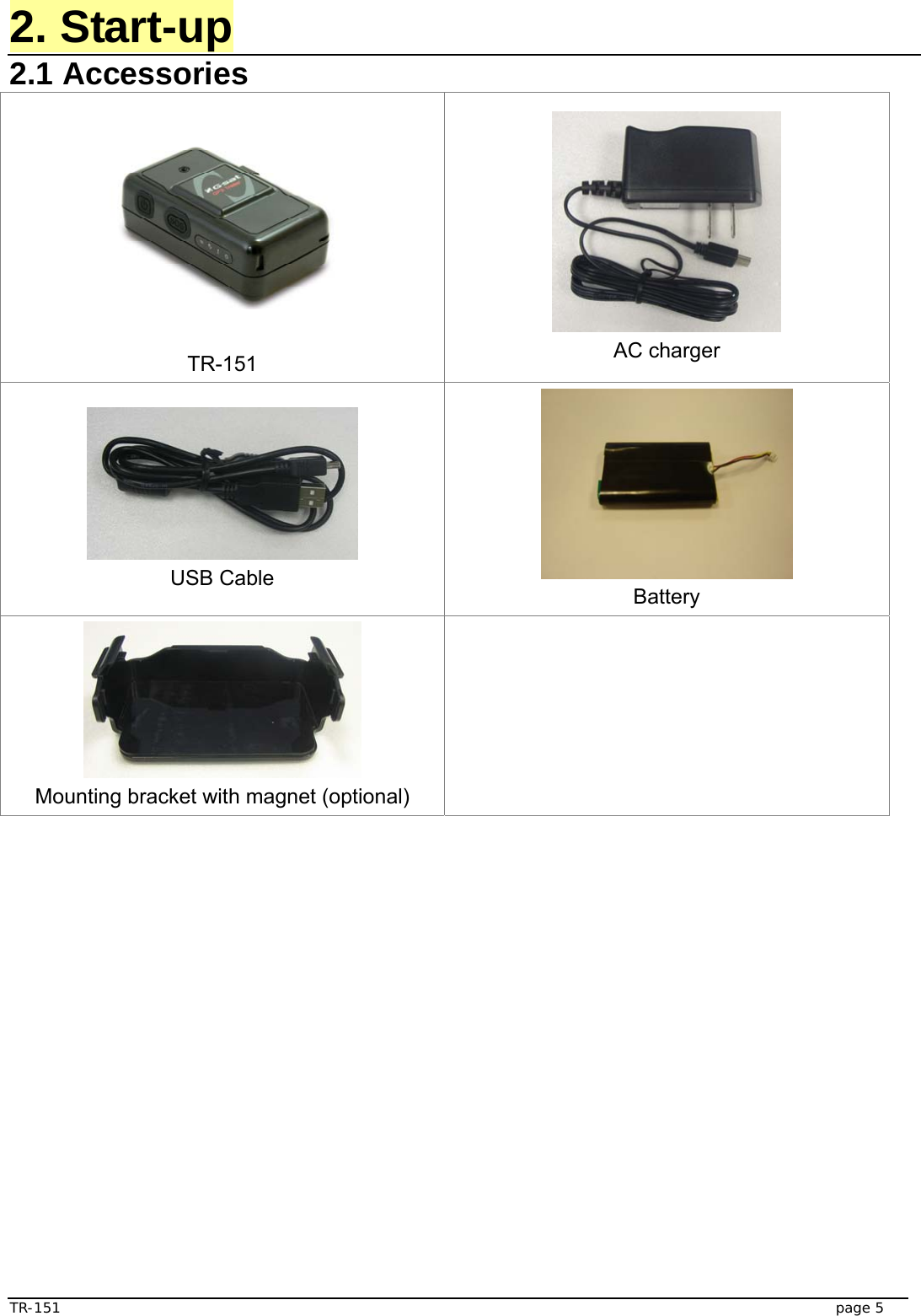  TR-151   page 5 2. Start-up 2.1 Accessories    TR-151  AC charger  USB Cable   Battery   Mounting bracket with magnet (optional)     