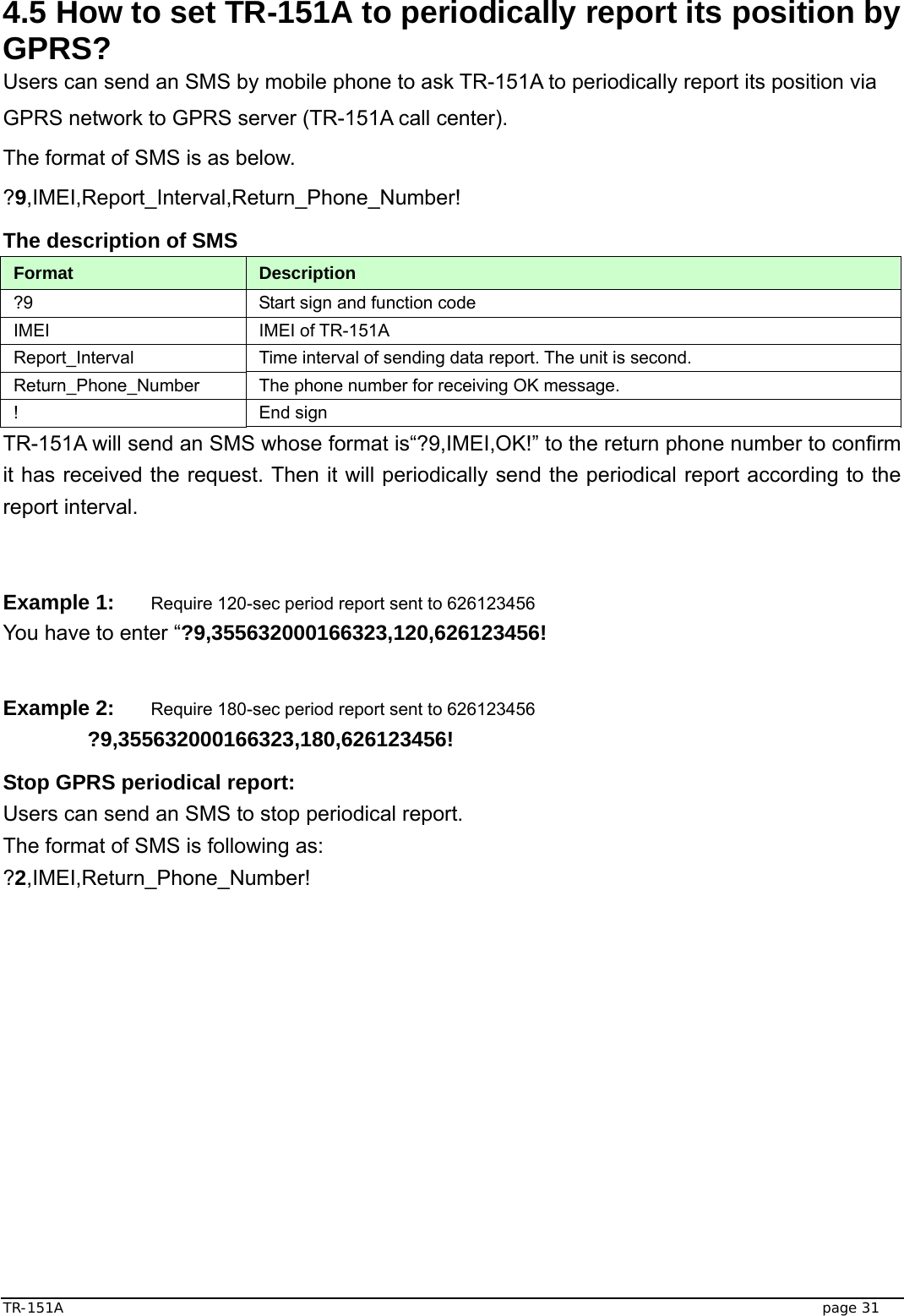  TR-151A   page 31 4.5 How to set TR-151A to periodically report its position by GPRS? Users can send an SMS by mobile phone to ask TR-151A to periodically report its position via GPRS network to GPRS server (TR-151A call center). The format of SMS is as below. ?9,IMEI,Report_Interval,Return_Phone_Number! The description of SMS   Format  Description ?9  Start sign and function code IMEI IMEI of TR-151A Report_Interval  Time interval of sending data report. The unit is second. Return_Phone_Number  The phone number for receiving OK message. ! End sign TR-151A will send an SMS whose format is“?9,IMEI,OK!” to the return phone number to confirm it has received the request. Then it will periodically send the periodical report according to the report interval.     Example 1: Require 120-sec period report sent to 626123456 You have to enter “?9,355632000166323,120,626123456!  Example 2: Require 180-sec period report sent to 626123456  ?9,355632000166323,180,626123456! Stop GPRS periodical report: Users can send an SMS to stop periodical report. The format of SMS is following as: ?2,IMEI,Return_Phone_Number!    