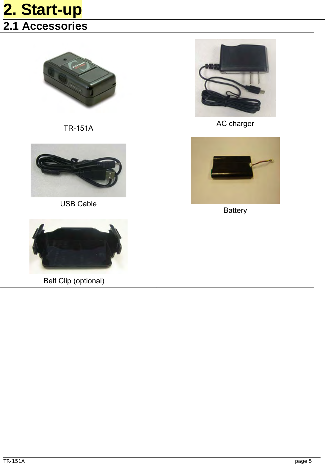  TR-151A   page 5 2. Start-up 2.1 Accessories    TR-151A  AC charger  USB Cable   Battery                  Belt Clip (optional)     