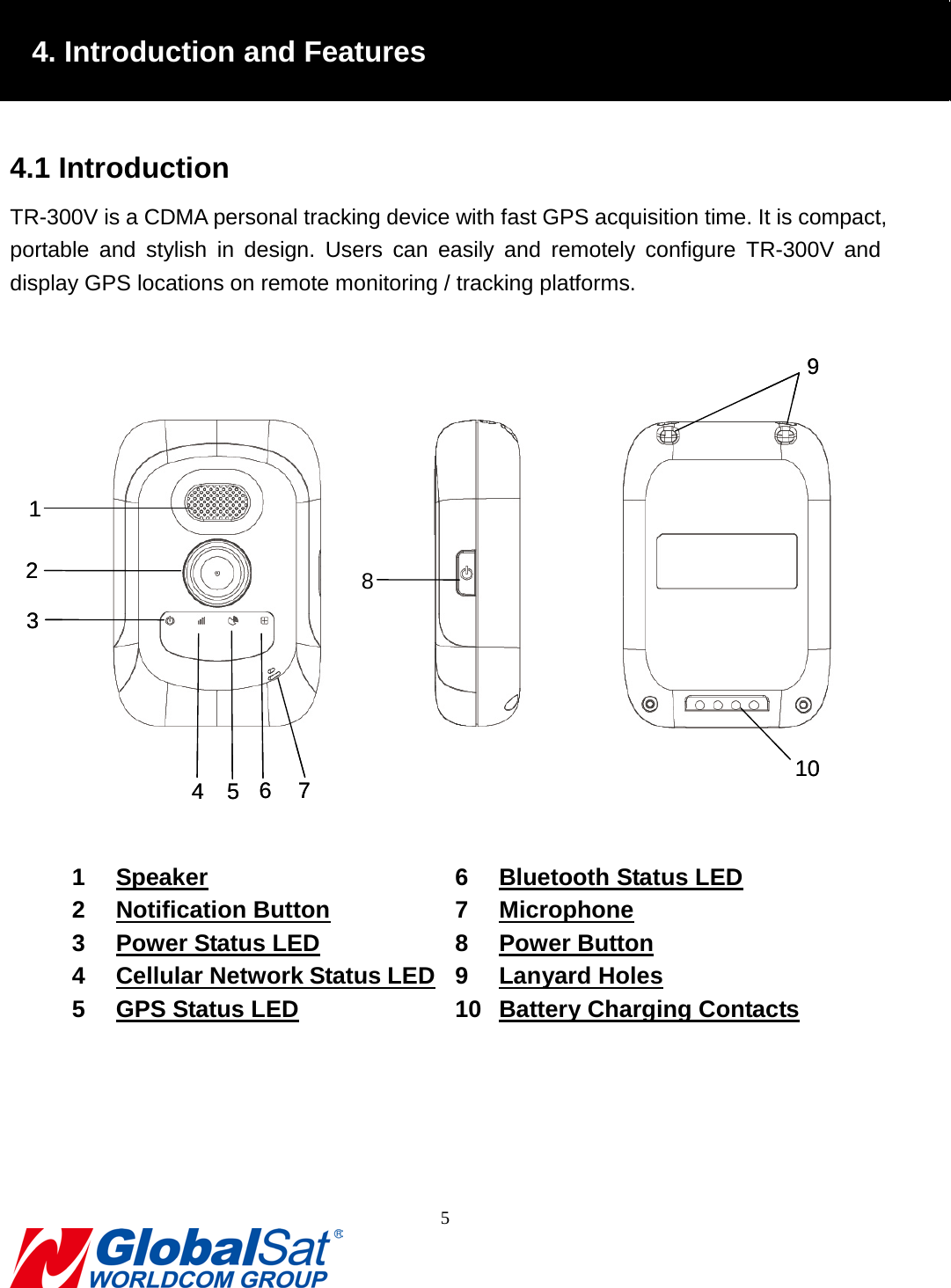                                                                                4. Introduction and Features  4.1 Introduction TR-300V is a CDMA personal tracking device with fast GPS acquisition time. It is compact, portable and stylish in design.  Users  can easily and remotely  configure TR-300V  and display GPS locations on remote monitoring / tracking platforms.  123674 58109123674 58109  1  Speaker 2  Notification Button 3  Power Status LED 4  Cellular Network Status LED 5  GPS Status LED 6  Bluetooth Status LED 7  Microphone 8  Power Button 9  Lanyard Holes 10  Battery Charging Contacts     5  