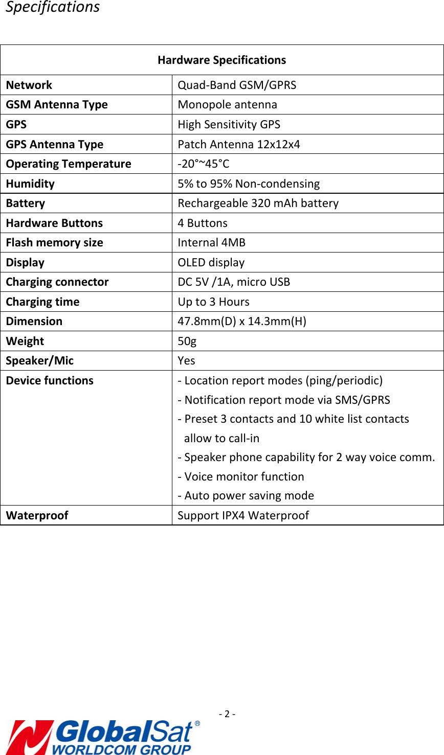 ‐2‐SpecificationsHardwareSpecificationsNetwork Quad‐BandGSM/GPRSGSMAntennaType MonopoleantennaGPS HighSensitivityGPSGPSAntennaType PatchAntenna12x12x4OperatingTemperature ‐20°~45°CHumidity 5%to95%Non‐condensingBattery Rechargeable320mAhbatteryHardwareButtons 4ButtonsFlashmemorysize Internal4MBDisplay OLEDdisplayChargingconnector DC5V/1A,microUSBChargingtime Upto3HoursDimension 47.8mm(D)x14.3mm(H)Weight 50gSpeaker/Mic YesDevicefunctions ‐Locationreportmodes(ping/periodic)‐NotificationreportmodeviaSMS/GPRS‐Preset3contactsand10whitelistcontactsallowtocall‐in‐Speakerphonecapabilityfor2wayvoicecomm.‐Voicemonitorfunction‐AutopowersavingmodeWaterproof SupportIPX4Waterproof