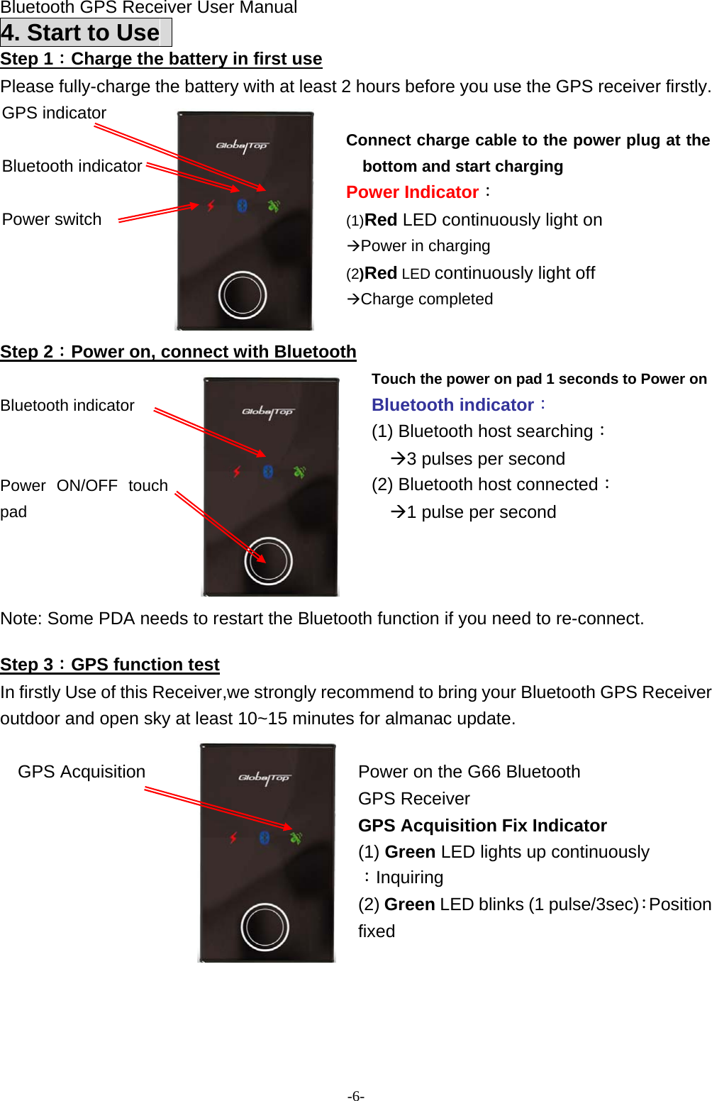 Bluetooth GPS Receiver User Manual -6- 4. Start to Use   Step 1：Charge the battery in first use Please fully-charge the battery with at least 2 hours before you use the GPS receiver firstly.    Connect charge cable to the power plug at the bottom and start charging Power Indicator： (1)Red LED continuously light on ÆPower in charging GPS indicator  Bluetooth indicator  Power switch   (2)Red LED continuously light off ÆCharge completed   Step 2：Power on, connect with Bluetooth Touch the power on pad 1 seconds to Power onBluetooth indicator： (1) Bluetooth host searching： Æ3 pulses per second (2) Bluetooth host connected： Æ1 pulse per second  Bluetooth indicator   Power ON/OFF touch pad    Note: Some PDA needs to restart the Bluetooth function if you need to re-connect.    Step 3：GPS function test In firstly Use of this Receiver,we strongly recommend to bring your Bluetooth GPS Receiver outdoor and open sky at least 10~15 minutes for almanac update.  Power on the G66 Bluetooth   GPS Receiver GPS Acquisition Fix Indicator (1) Green LED lights up continuously ：Inquiring  GPS Acquisition   (2) Green LED blinks (1 pulse/3sec)：Position fixed  