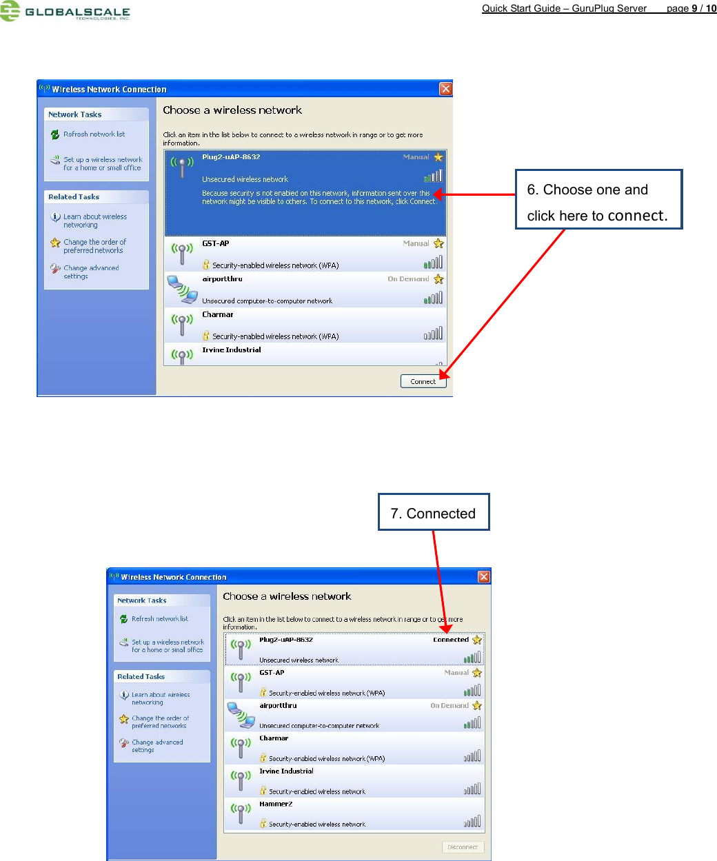Quick Start Guide – GuruPlug Server        page 9 / 10                          7. Connected  6. Choose one and click here to connect.  