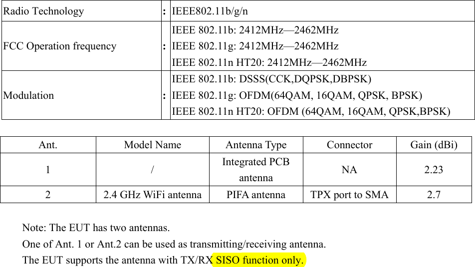 Ant.  Model Name  Antenna Type  Connector  Gain (dBi) 1 / Integrated PCB antenna  NA 2.232  2.4 GHz WiFi antenna PIFA antenna  TPX port to SMA  2.7 Note: The EUT has two antennas. One of Ant. 1 or Ant.2 can be used as transmitting/receiving antenna. The EUT supports the antenna with TX/RX SISO function only.   Radio Technology  :  IEEE802.11b/g/n FCC Operation frequency  : IEEE 802.11b: 2412MHz—2462MHz IEEE 802.11g: 2412MHz—2462MHz IEEE 802.11n HT20: 2412MHz—2462MHz Modulation  : IEEE 802.11b: DSSS(CCK,DQPSK,DBPSK) IEEE 802.11g: OFDM(64QAM, 16QAM, QPSK, BPSK) IEEE 802.11n HT20: OFDM (64QAM, 16QAM, QPSK,BPSK) 