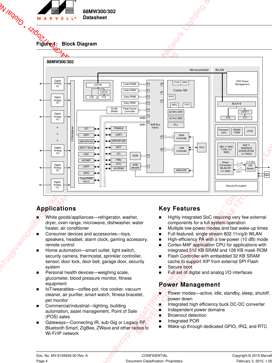 xam1uypvwincml8vcyp7azhga8189kcblgwl8g12a4v3hp-i72ogizr * Global Network Lighting &amp; ConMARVELL CONFIDENTIAL, UNDER NDA# 12150208m1uypvwincml8vcyp7azhga8189kcblgwl8g12a4v3hp-i72ogizr * Global Network Lighting &amp; Control InMARVELL CONFIDENTIAL, UNDER NDA# 121502082fdrxam1uypvwincml8vcyp7azhga8189kcblgwl8g12a4v3hp-i72ogizr * Global Net88MW300/302 Datasheet                         Doc. No. MV-S109936-00 Rev. A  CONFIDENTIAL  Copyright © 2015 MarvellPage 4 Document Classification: Proprietary February 3, 2015, 1.00ApplicationsWhite goods/appliances—refrigerator, washer, dryer, oven range, microwave, dishwasher, water heater, air conditionerConsumer devices and accessories—toys, speakers, headset, alarm clock, gaming accessory, remote controlHome automation—smart outlet, light switch, security camera, thermostat, sprinkler controller, sensor, door lock, door bell, garage door, security systemPersonal health devices—weighing scale, glucometer, blood pressure monitor, fitness equipmentIoT/wearables—coffee pot, rice cooker, vacuum cleaner, air purifier, smart watch, fitness bracelet, pet monitorCommercial/industrial—lighting, building automation, asset management, Point of Sale (POS) salesGateways—Connecting IR, sub-Gig or Legacy RF, Bluetooth Smart, ZigBee, ZWave and other radios to Wi-Fi/IP networkKey FeaturesHighly integrated SoC requiring very few external components for a full system operationMultiple low-power modes and fast wake-up timesFull-featured, single stream 802.11n/g/b WLANHigh-efficiency PA with a low-power (10 dB) mode Cortex-M4F application CPU for applications with integrated 512 KB SRAM and 128 KB mask ROMFlash Controller with embedded 32 KB SRAM cache to support XIP from external SPI FlashSecure bootFull set of digital and analog I/O interfacesPower ManagementPower modes—active, idle, standby, sleep, shutoff, power-downIntegrated high efficiency buck DC-DC converterIndependent power domainsBrownout detectionIntegrated PORWake-up through dedicated GPIO, IRQ, and RTCFigure 1: Block Diagram                         WL_MCI_REFCLKDMA ControllerAHB Bus FabricI/O MultiplexerM0M1S0S1RTCPHYM2S2S3S4USB ControllerM3M4S7S5S6S84k SRAMJTAG SWDNVICCortex-M4MPU FPUCode RAM0Code RAM1Data RAM0Data RAM1Flash/CacheControllerUARTWDTPINMUXSSP/SPI/I2SI2CPMUAHBdecodeROMAES/CRC32 kHz GEN32 MHz GENPLLMicrocontroller88MW300/302WLAN32 KB SRAMAPB0APB1BUCK18Feroceon CPU SRAM/ROM  JTAGV18LDO11V11...I2CQSPISSP/SPI/I2SADC/T-SensDACACOMPUARTGPIOTimer/PWMX2/12LDO12V12V18LDO18DigitalAnalogI/ODigitalAnalogI/ODigitalAnalogI/ODigitalAnalogI/ODigitalAnalogI/ODigitalAnalogI/O802.11 MAC Tx/Rx 1x1 SISO802.11 Baseband(DSSS/OFDM, 1x1 SISO)LNADirect ConversionWLAN RF1x1 SISOPAT/R Switch2.4 GHzSecurity/EncryptionVDD PowerManagement