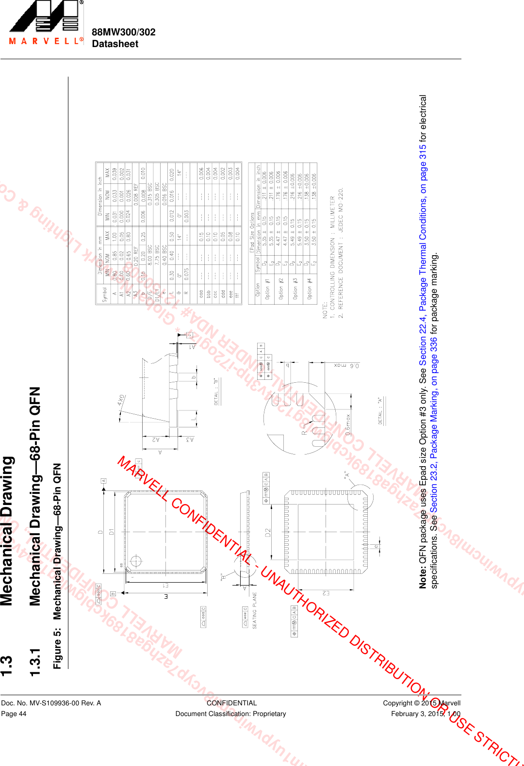 xam1uypvwincml8vcyp7azhga8189kcblgwl8g12a4v3hp-i72ogizr * GMARVELL CONFIDENTIAL, UNDER NDA# 12m1uypvwincml8vcyp7azhga8189kcblgwl8g12a4v3hp-i72ogizr * Global Network Lighting &amp; Control Inc.  MARVELL CONFIDENTIAL, UNDER NDA# 12150208MARVELL CONFIDENTIAL - UNAUTHORIZED DISTRIBUTION OR USE STRICTLY88MW300/302 Datasheet                         Doc. No. MV-S109936-00 Rev. A  CONFIDENTIAL  Copyright © 2015 MarvellPage 44 Document Classification: Proprietary February 3, 2015, 1.001.3 Mechanical Drawing1.3.1 Mechanical Drawing—68-Pin QFN                          Note: QFN package uses Epad size Option #3 only. See Section 22.4, Package Thermal Conditions, on page 315 for electrical specifications. See Section 23.2, Package Marking, on page 336 for package marking.Figure 5: Mechanical Drawing—68-Pin QFN                         
