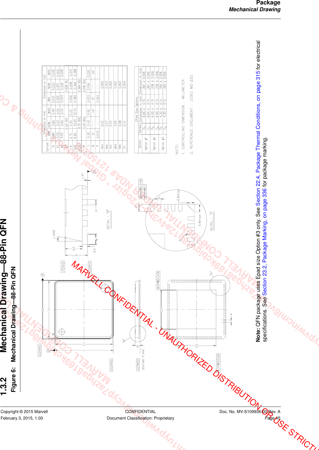 xam1uypvwincml8vcyp7azhga8189kcblgwl8g12a4v3hp-i72ogizr * GMARVELL CONFIDENTIAL, UNDER NDA# 12m1uypvwincml8vcyp7azhga8189kcblgwl8g12a4v3hp-i72ogizr * Global Network Lighting &amp; Control Inc.  MARVELL CONFIDENTIAL, UNDER NDA# 12150208MARVELL CONFIDENTIAL - UNAUTHORIZED DISTRIBUTION OR USE STRICTLYPackageMechanical Drawing                         Copyright © 2015 Marvell CONFIDENTIAL Doc. No. MV-S109936-00 Rev. AFebruary 3, 2015, 1.00 Document Classification: Proprietary Page 451.3.2 Mechanical Drawing—88-Pin QFN  Note: QFN package uses Epad size Option #3 only. See Section 22.4, Package Thermal Conditions, on page 315 for electrical specifications. See Section 23.2, Package Marking, on page 336 for package marking.Figure 6: Mechanical Drawing—88-Pin QFN                         
