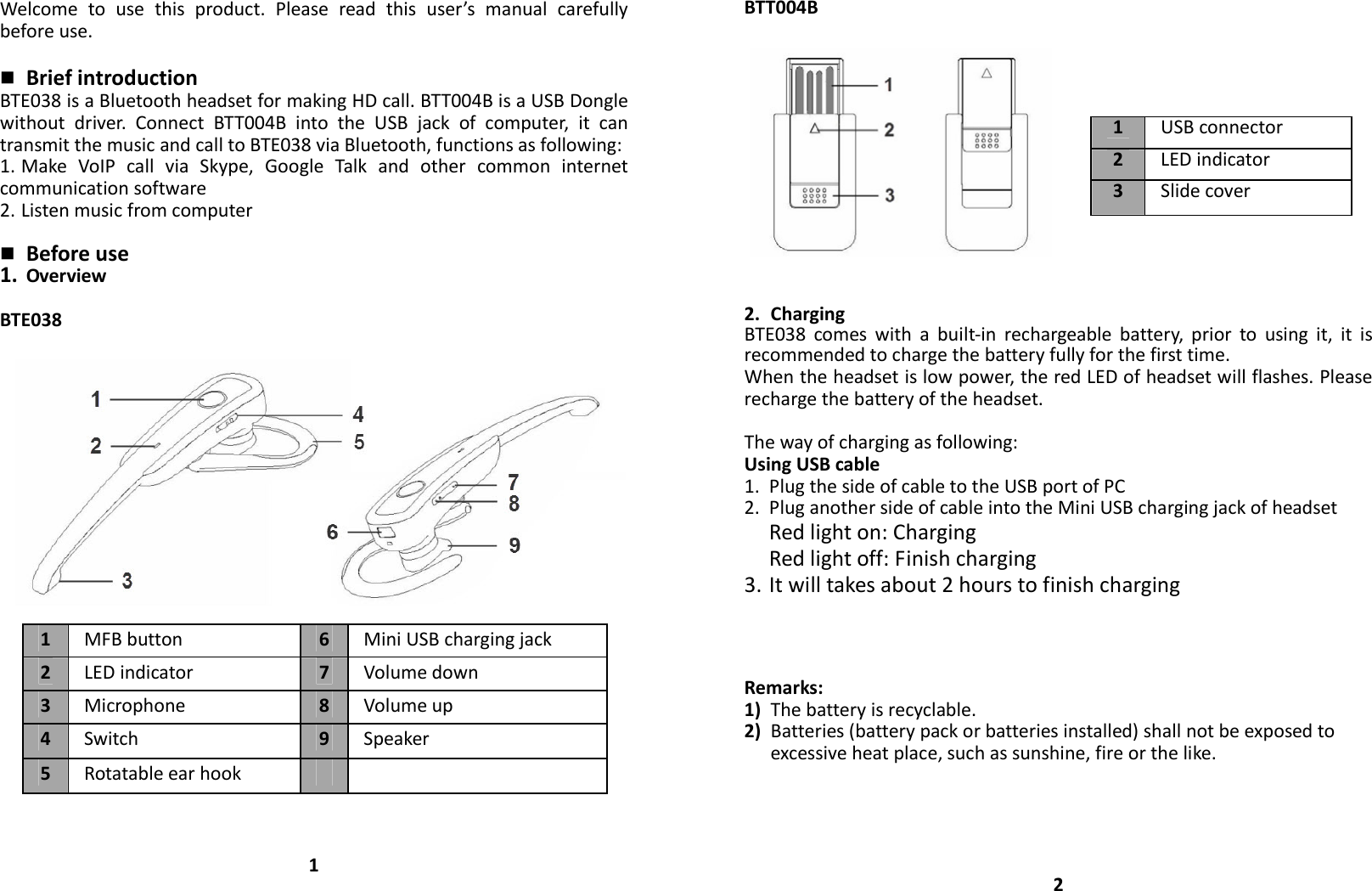Welcometousethisproduct.Pleasereadthisuser’smanualcarefullybeforeuse. BriefintroductionBTE038isaBluetoothheadsetformakingHDcall.BTT004BisaUSBDonglewithoutdriver.ConnectBTT004BintotheUSBjackofcomputer,itcantransmitthemusicandcalltoBTE038viaBluetooth,functionsasfollowing:1. MakeVoIPcallviaSkype,GoogleTalkandothercommoninternetcommunicationsoftware2. Listenmusicfromcomputer Beforeuse1. OverviewBTE03811MFBbutton6MiniUSBchargingjack2LEDindicator7Volumedown3Microphone 8Volumeup4Switch 9Speaker5RotatableearhookBTT004B2. ChargingBTE038comeswithabuilt‐inrechargeablebattery,priortousingit,itisrecommendedtochargethebatteryfullyforthefirsttime.Whentheheadsetislowpower,theredLEDofheadsetwillflashes.Pleaserechargethebatteryoftheheadset.Thewayofchargingasfollowing:UsingUSBcable1. PlugthesideofcabletotheUSBportofPC2. PluganothersideofcableintotheMiniUSBchargingjackofheadsetRedlighton:ChargingRedlightoff:Finishcharging3. Itwilltakesabout2hourstofinishchargingRemarks:1) Thebatteryisrecyclable.2) Batteries(batterypackorbatteriesinstalled)shallnotbeexposedtoexcessiveheatplace,suchassunshine,fireorthelike.21USBconnector2LEDindicator3Slidecover