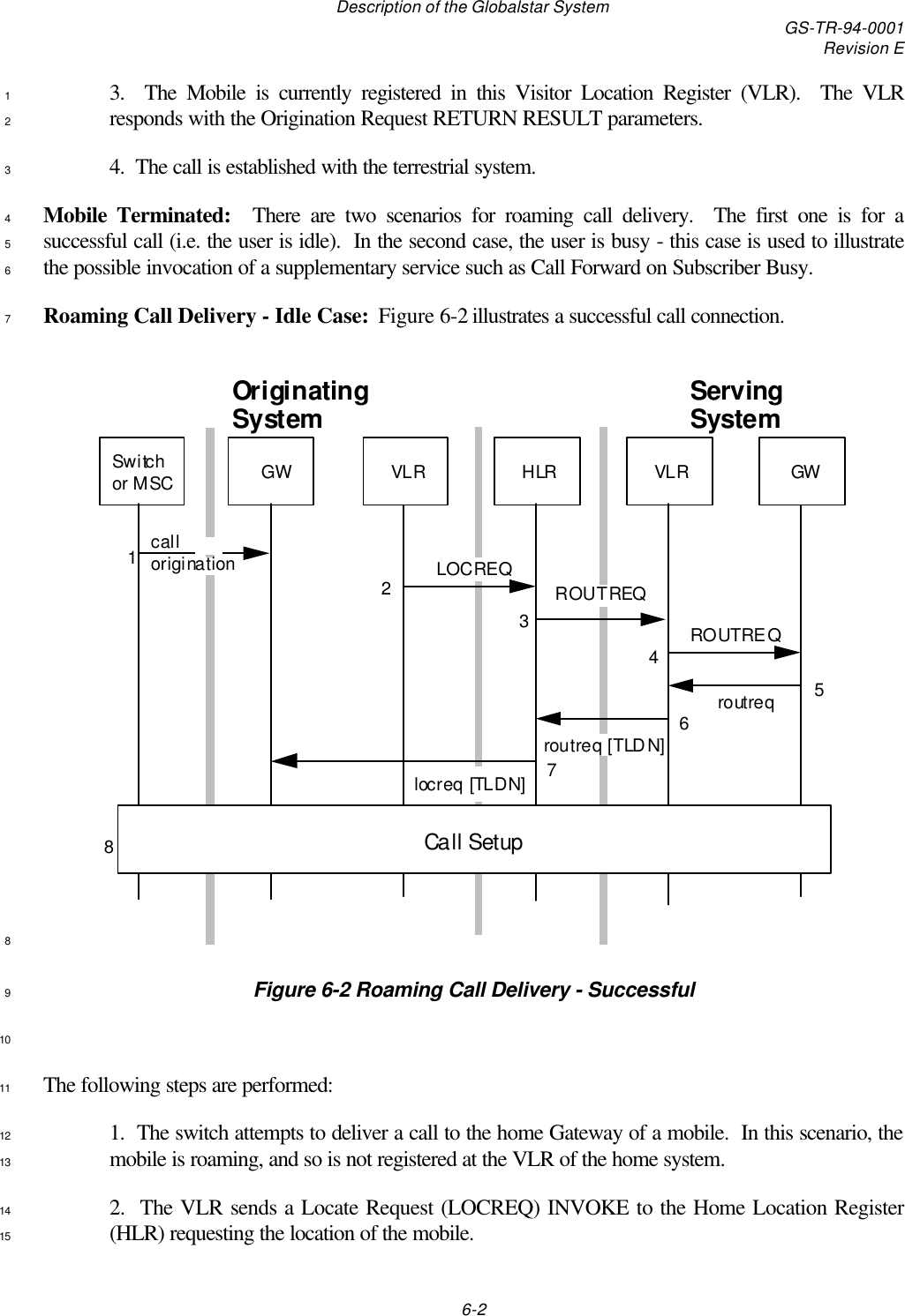 Description of the Globalstar System GS-TR-94-0001Revision E6-23.  The Mobile is currently registered in this Visitor Location Register (VLR).  The VLR1responds with the Origination Request RETURN RESULT parameters.24.  The call is established with the terrestrial system.3Mobile Terminated:  There are two scenarios for roaming call delivery.  The first one is for a4successful call (i.e. the user is idle).  In the second case, the user is busy - this case is used to illustrate5the possible invocation of a supplementary service such as Call Forward on Subscriber Busy.6Roaming Call Delivery - Idle Case:  Figure 6-2 illustrates a successful call connection.7Originating SystemSwitch or MSCGWVLR HLRGWVLRServing Systemcall origination LOCREQROUTREQroutreqroutreq [TLDN]locreq [TLDN]12345678Call SetupROUTREQ8Figure 6-2 Roaming Call Delivery - Successful910The following steps are performed:111.  The switch attempts to deliver a call to the home Gateway of a mobile.  In this scenario, the12mobile is roaming, and so is not registered at the VLR of the home system.132.  The VLR sends a Locate Request (LOCREQ) INVOKE to the Home Location Register14(HLR) requesting the location of the mobile.15