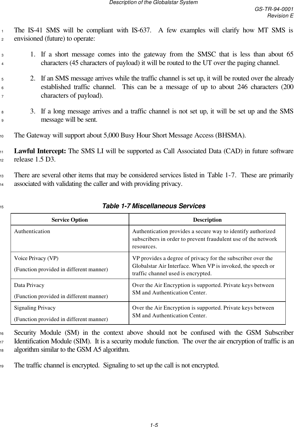 Description of the Globalstar System GS-TR-94-0001Revision E1-5The IS-41 SMS will be compliant with IS-637.  A few examples will clarify how MT SMS is1envisioned (future) to operate:21. If a short message comes into the gateway from the SMSC that is less than about 653characters (45 characters of payload) it will be routed to the UT over the paging channel.42. If an SMS message arrives while the traffic channel is set up, it will be routed over the already5established traffic channel.  This can be a message of up to about 246 characters (2006characters of payload).73. If a long message arrives and a traffic channel is not set up, it will be set up and the SMS8message will be sent.9The Gateway will support about 5,000 Busy Hour Short Message Access (BHSMA).10Lawful Intercept: The SMS LI will be supported as Call Associated Data (CAD) in future software11release 1.5 D3.12There are several other items that may be considered services listed in Table 1-7.  These are primarily13associated with validating the caller and with providing privacy.14Table 1-7 Miscellaneous Services15Service Option DescriptionAuthentication Authentication provides a secure way to identify authorizedsubscribers in order to prevent fraudulent use of the networkresources.Voice Privacy (VP)(Function provided in different manner)VP provides a degree of privacy for the subscriber over theGlobalstar Air Interface. When VP is invoked, the speech ortraffic channel used is encrypted.Data Privacy(Function provided in different manner)Over the Air Encryption is supported. Private keys betweenSM and Authentication Center.Signaling Privacy(Function provided in different manner)Over the Air Encryption is supported. Private keys betweenSM and Authentication Center.Security Module (SM) in the context above should not be confused with the GSM Subscriber16Identification Module (SIM).  It is a security module function.  The over the air encryption of traffic is an17algorithm similar to the GSM A5 algorithm.18The traffic channel is encrypted.  Signaling to set up the call is not encrypted.19