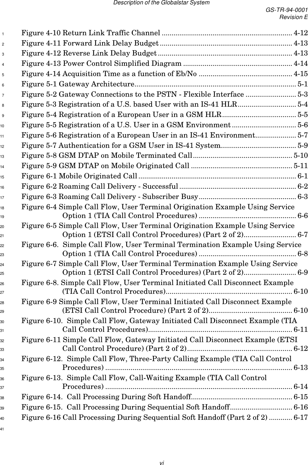 Description of the Globalstar System GS-TR-94-0001Revision EviFigure 4-10 Return Link Traffic Channel ................................................................... 4-121Figure 4-11 Forward Link Delay Budget.................................................................... 4-132Figure 4-12 Reverse Link Delay Budget..................................................................... 4-133Figure 4-13 Power Control Simplified Diagram ........................................................ 4-144Figure 4-14 Acquisition Time as a function of Eb/No ................................................ 4-155Figure 5-1 Gateway Architecture................................................................................... 5-16Figure 5-2 Gateway Connections to the PSTN - Flexible Interface .......................... 5-37Figure 5-3 Registration of a U.S. based User with an IS-41 HLR.............................. 5-48Figure 5-4 Registration of a European User in a GSM HLR...................................... 5-59Figure 5-5 Registration of a U.S. User in a GSM Environment................................. 5-610Figure 5-6 Registration of a European User in an IS-41 Environment..................... 5-711Figure 5-7 Authentication for a GSM User in IS-41 System....................................... 5-912Figure 5-8 GSM DTAP on Mobile Terminated Call................................................... 5-1013Figure 5-9 GSM DTAP on Mobile Originated Call .................................................... 5-1114Figure 6-1 Mobile Originated Call................................................................................. 6-115Figure 6-2 Roaming Call Delivery - Successful............................................................ 6-216Figure 6-3 Roaming Call Delivery - Subscriber Busy.................................................. 6-317Figure 6-4 Simple Call Flow, User Terminal Origination Example Using Service18Option 1 (TIA Call Control Procedures) .................................................. 6-619Figure 6-5 Simple Call Flow, User Terminal Origination Example Using Service20Option 1 (ETSI Call Control Procedures) (Part 2 of 2)........................... 6-721Figure 6-6.  Simple Call Flow, User Terminal Termination Example Using Service22Option 1 (TIA Call Control Procedures) .................................................. 6-823Figure 6-7 Simple Call Flow, User Terminal Termination Example Using Service24Option 1 (ETSI Call Control Procedures) (Part 2 of 2)........................... 6-925Figure 6-8. Simple Call Flow, User Terminal Initiated Call Disconnect Example26(TIA Call Control Procedures)................................................................. 6-1027Figure 6-9 Simple Call Flow, User Terminal Initiated Call Disconnect Example28(ETSI Call Control Procedure) (Part 2 of 2)........................................... 6-1029Figure 6-10.  Simple Call Flow, Gateway Initiated Call Disconnect Example (TIA30Call Control Procedures).......................................................................... 6-1131Figure 6-11 Simple Call Flow, Gateway Initiated Call Disconnect Example (ETSI32Call Control Procedure) (Part 2 of 2)...................................................... 6-1233Figure 6-12.  Simple Call Flow, Three-Party Calling Example (TIA Call Control34Procedures) ................................................................................................ 6-1335Figure 6-13.  Simple Call Flow, Call-Waiting Example (TIA Call Control36Procedures) ................................................................................................ 6-1437Figure 6-14.  Call Processing During Soft Handoff.................................................... 6-1538Figure 6-15.  Call Processing During Sequential Soft Handoff................................ 6-1639Figure 6-16 Call Processing During Sequential Soft Handoff (Part 2 of 2) ............ 6-174041