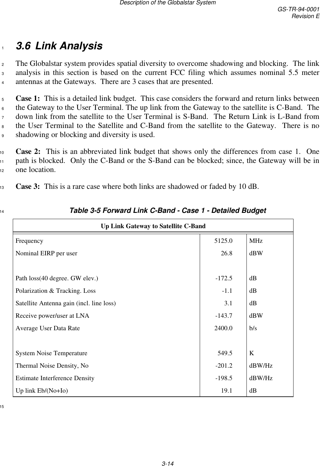 Description of the Globalstar System GS-TR-94-0001Revision E3-143.6 Link Analysis1The Globalstar system provides spatial diversity to overcome shadowing and blocking.  The link2analysis in this section is based on the current FCC filing which assumes nominal 5.5 meter3antennas at the Gateways.  There are 3 cases that are presented.4Case 1:  This is a detailed link budget.  This case considers the forward and return links between5the Gateway to the User Terminal. The up link from the Gateway to the satellite is C-Band.  The6down link from the satellite to the User Terminal is S-Band.  The Return Link is L-Band from7the User Terminal to the Satellite and C-Band from the satellite to the Gateway.  There is no8shadowing or blocking and diversity is used.9Case 2:  This is an abbreviated link budget that shows only the differences from case 1.  One10path is blocked.  Only the C-Band or the S-Band can be blocked; since, the Gateway will be in11one location.12Case 3:  This is a rare case where both links are shadowed or faded by 10 dB.13Table 3-5 Forward Link C-Band - Case 1 - Detailed Budget14Up Link Gateway to Satellite C-BandFrequency 5125.0 MHzNominal EIRP per user 26.8 dBWPath loss(40 degree. GW elev.) -172.5 dBPolarization &amp; Tracking. Loss -1.1 dBSatellite Antenna gain (incl. line loss) 3.1 dBReceive power/user at LNA -143.7 dBWAverage User Data Rate 2400.0 b/sSystem Noise Temperature 549.5 KThermal Noise Density, No -201.2 dBW/HzEstimate Interference Density -198.5 dBW/HzUp link Eb/(No+Io) 19.1 dB15