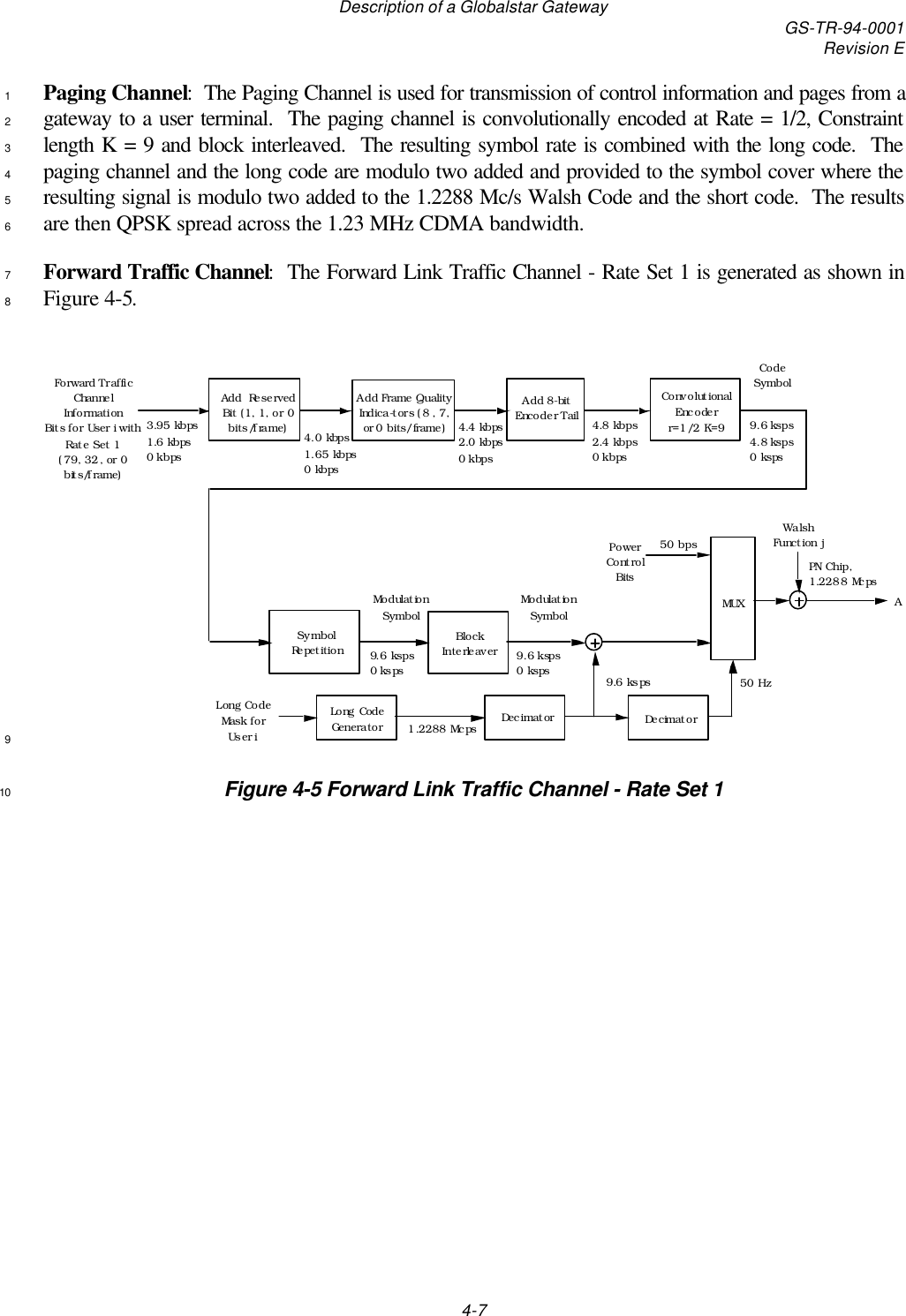 Description of a Globalstar Gateway GS-TR-94-0001Revision E4-7Paging Channel:  The Paging Channel is used for transmission of control information and pages from a1gateway to a user terminal.  The paging channel is convolutionally encoded at Rate = 1/2, Constraint2length K = 9 and block interleaved.  The resulting symbol rate is combined with the long code.  The3paging channel and the long code are modulo two added and provided to the symbol cover where the4resulting signal is modulo two added to the 1.2288 Mc/s Walsh Code and the short code.  The results5are then QPSK spread across the 1.23 MHz CDMA bandwidth.6Forward Traffic Channel:  The Forward Link Traffic Channel - Rate Set 1 is generated as shown in7Figure 4-5.84.8 kbps 2.4 kbps 0 kbpsConvolutional Encoder r=1/2 K=9Forward Traffic Channel Information Bits for User i with Rate Set 1 (79, 32, or 0 bits/frame)Code SymbolBlock InterleaverAdd 8-bit Encoder TailAdd Frame Quality Indica-tors (8 , 7, or 0 bits/frame)3.95 kbps 1.6 kbps 0 kbpsSymbol RepetitionModulation SymbolModulation Symbol9.6 ksps 0 kspsPower Control  Bits50 bpsMUX50 HzPN Chip, 1.2288 Mcps9.6 ksps 0 ksps9.6 ksps 4.8 ksps 0 kspsDecimatorLong Code GeneratorLong Code Mask for User i9.6 ksps1.2288 McpsDecimatorWalsh Function jAAdd  Reserved Bit (1, 1, or 0 bits/frame)4.0 kbps 1.65 kbps 0 kbps4.4 kbps 2.0 kbps 0 kbps9Figure 4-5 Forward Link Traffic Channel - Rate Set 110