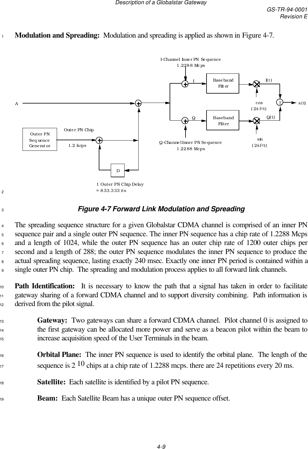 Description of a Globalstar Gateway GS-TR-94-0001Revision E4-9Modulation and Spreading:  Modulation and spreading is applied as shown in Figure 4-7.1AQ(t)I(t)Baseband  FilterBaseband  FilterI-Channel Inner PN Sequence 1.2288 Mcps Q-Channel Inner PN Sequence 1.2288 McpsIQcos (2šfct)sin (2šfct)Σs(t)Outer PN Sequence GeneratorDOuter PN Chip1.2 kcps1 Outer PN Chip Delay = 833.333 µs2Figure 4-7 Forward Link Modulation and Spreading3The spreading sequence structure for a given Globalstar CDMA channel is comprised of an inner PN4sequence pair and a single outer PN sequence. The inner PN sequence has a chip rate of 1.2288 Mcps5and a length of 1024, while the outer PN sequence has an outer chip rate of 1200 outer chips per6second and a length of 288; the outer PN sequence modulates the inner PN sequence to produce the7actual spreading sequence, lasting exactly 240 msec. Exactly one inner PN period is contained within a8single outer PN chip.  The spreading and modulation process applies to all forward link channels.9Path Identification:  It is necessary to know the path that a signal has taken in order to facilitate10gateway sharing of a forward CDMA channel and to support diversity combining.  Path information is11derived from the pilot signal.12Gateway:  Two gateways can share a forward CDMA channel.  Pilot channel 0 is assigned to13the first gateway can be allocated more power and serve as a beacon pilot within the beam to14increase acquisition speed of the User Terminals in the beam.15Orbital Plane:  The inner PN sequence is used to identify the orbital plane.  The length of the16sequence is 2 10 chips at a chip rate of 1.2288 mcps. there are 24 repetitions every 20 ms.17Satellite:  Each satellite is identified by a pilot PN sequence.18Beam:  Each Satellite Beam has a unique outer PN sequence offset.19