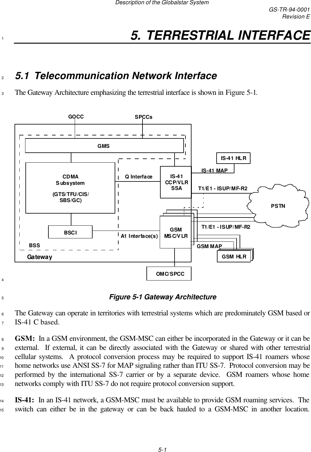 Description of the Globalstar System GS-TR-94-0001Revision E5-15. TERRESTRIAL INTERFACE15.1 Telecommunication Network Interface2The Gateway Architecture emphasizing the terrestrial interface is shown in Figure 5-1.3GSM HLRGSM HLRCDMA  Subsystem  (GTS/TFU/CIS/ SBS/GC)IS-41 CCP/VLR SSAGSM HLRIS-41 HLRGOCC SPCCsOMC/SPCCGSM MSC/VLRGSM MSC/VLRQ InterfaceA1 Interface(s)GSM MAPIS-41 MAPT1/E1 - ISUP/MF-R2T1/E1 - ISUP/MF-R2GMSGatewayGSM MSC/VLRBSCIBSSPSTN4Figure 5-1 Gateway Architecture5The Gateway can operate in territories with terrestrial systems which are predominately GSM based or6IS-41 C based.7GSM:  In a GSM environment, the GSM-MSC can either be incorporated in the Gateway or it can be8external.  If external, it can be directly associated with the Gateway or shared with other terrestrial9cellular systems.  A protocol conversion process may be required to support IS-41 roamers whose10home networks use ANSI SS-7 for MAP signaling rather than ITU SS-7.  Protocol conversion may be11performed by the international SS-7 carrier or by a separate device.  GSM roamers whose home12networks comply with ITU SS-7 do not require protocol conversion support.13IS-41:  In an IS-41 network, a GSM-MSC must be available to provide GSM roaming services.  The14switch can either be in the gateway or can be back hauled to a GSM-MSC in another location.15