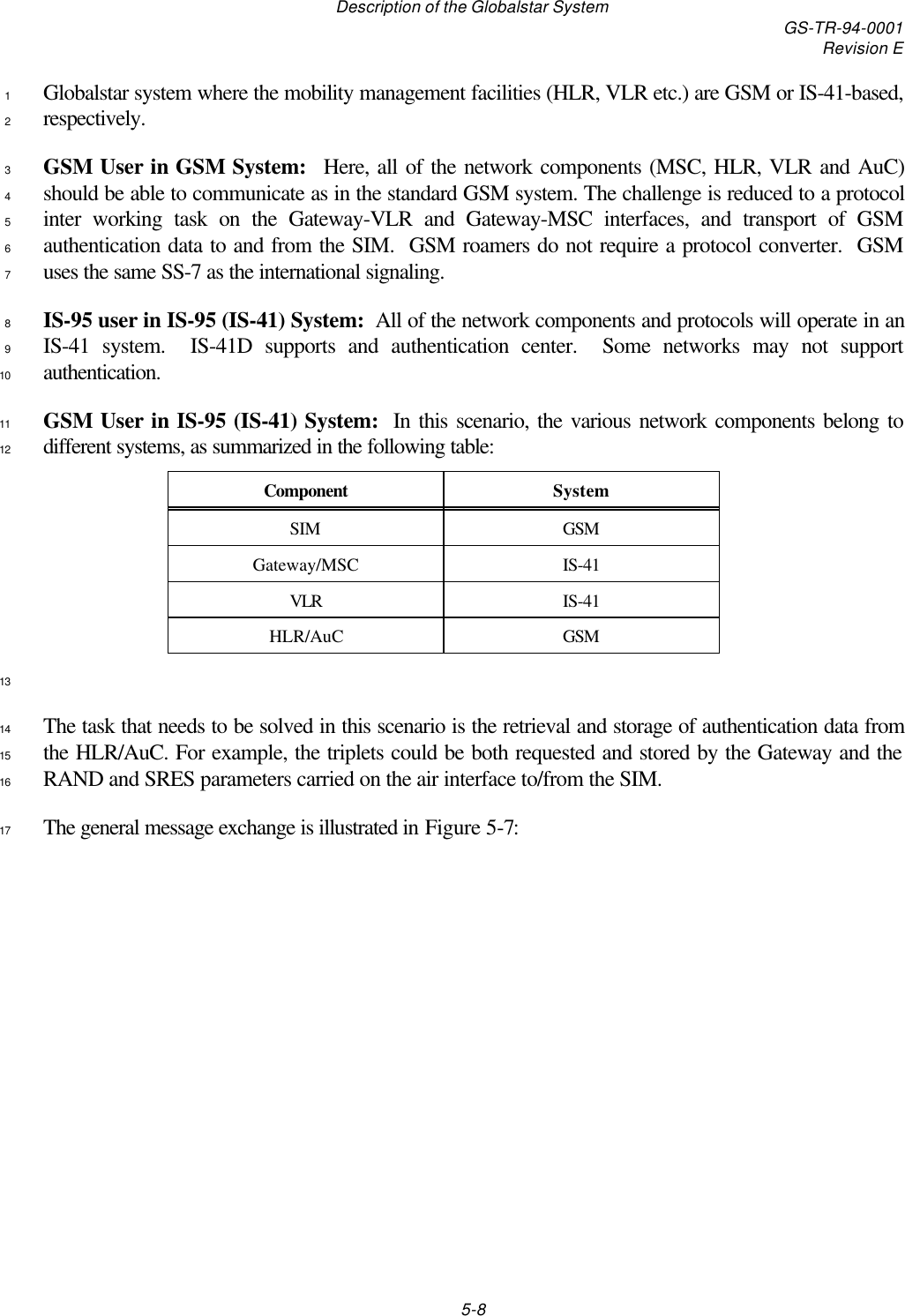 Description of the Globalstar System GS-TR-94-0001Revision E5-8Globalstar system where the mobility management facilities (HLR, VLR etc.) are GSM or IS-41-based,1respectively.2GSM User in GSM System:  Here, all of the network components (MSC, HLR, VLR and AuC)3should be able to communicate as in the standard GSM system. The challenge is reduced to a protocol4inter working task on the Gateway-VLR and Gateway-MSC interfaces, and transport of GSM5authentication data to and from the SIM.  GSM roamers do not require a protocol converter.  GSM6uses the same SS-7 as the international signaling.7IS-95 user in IS-95 (IS-41) System:  All of the network components and protocols will operate in an8IS-41 system.  IS-41D supports and authentication center.  Some networks may not support9authentication.10GSM User in IS-95 (IS-41) System:  In this scenario, the various network components belong to11different systems, as summarized in the following table:12Component SystemSIM GSMGateway/MSC IS-41VLR IS-41HLR/AuC GSM13The task that needs to be solved in this scenario is the retrieval and storage of authentication data from14the HLR/AuC. For example, the triplets could be both requested and stored by the Gateway and the15RAND and SRES parameters carried on the air interface to/from the SIM.16The general message exchange is illustrated in Figure 5-7:17