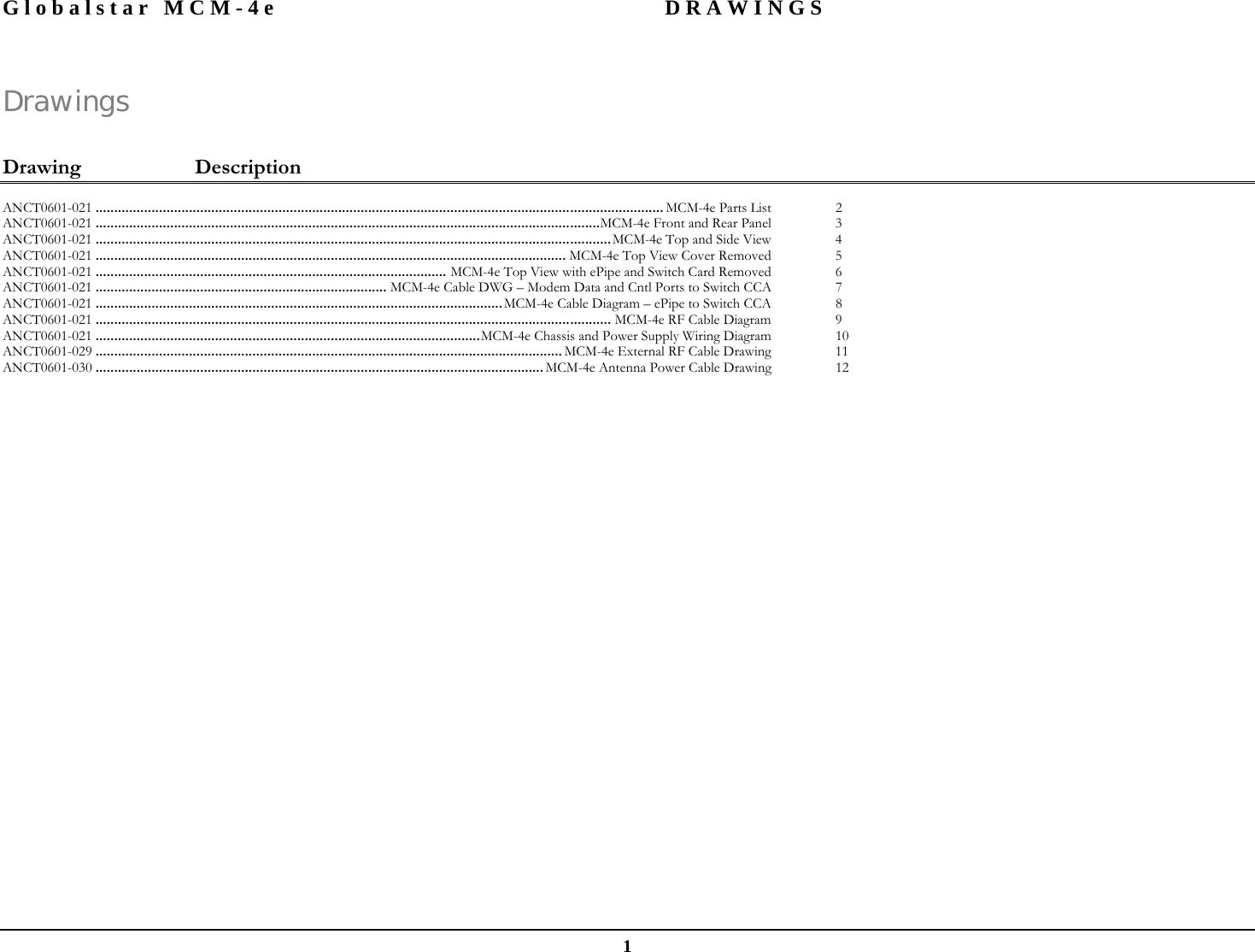 Globalstar MCM-4e  DRAWINGS  1 Drawings  Drawing Description  ANCT0601-021 ........................................................................................................................................................ MCM-4e Parts List  2 ANCT0601-021 .......................................................................................................................................MCM-4e Front and Rear Panel  3 ANCT0601-021 ..........................................................................................................................................MCM-4e Top and Side View  4 ANCT0601-021 .............................................................................................................................. MCM-4e Top View Cover Removed  5 ANCT0601-021 .............................................................................................. MCM-4e Top View with ePipe and Switch Card Removed  6 ANCT0601-021 .............................................................................. MCM-4e Cable DWG – Modem Data and Cntl Ports to Switch CCA  7 ANCT0601-021 .............................................................................................................MCM-4e Cable Diagram – ePipe to Switch CCA  8 ANCT0601-021 .......................................................................................................................................... MCM-4e RF Cable Diagram  9 ANCT0601-021 .......................................................................................................MCM-4e Chassis and Power Supply Wiring Diagram  10 ANCT0601-029 ............................................................................................................................. MCM-4e External RF Cable Drawing  11 ANCT0601-030 ........................................................................................................................ MCM-4e Antenna Power Cable Drawing  12    
